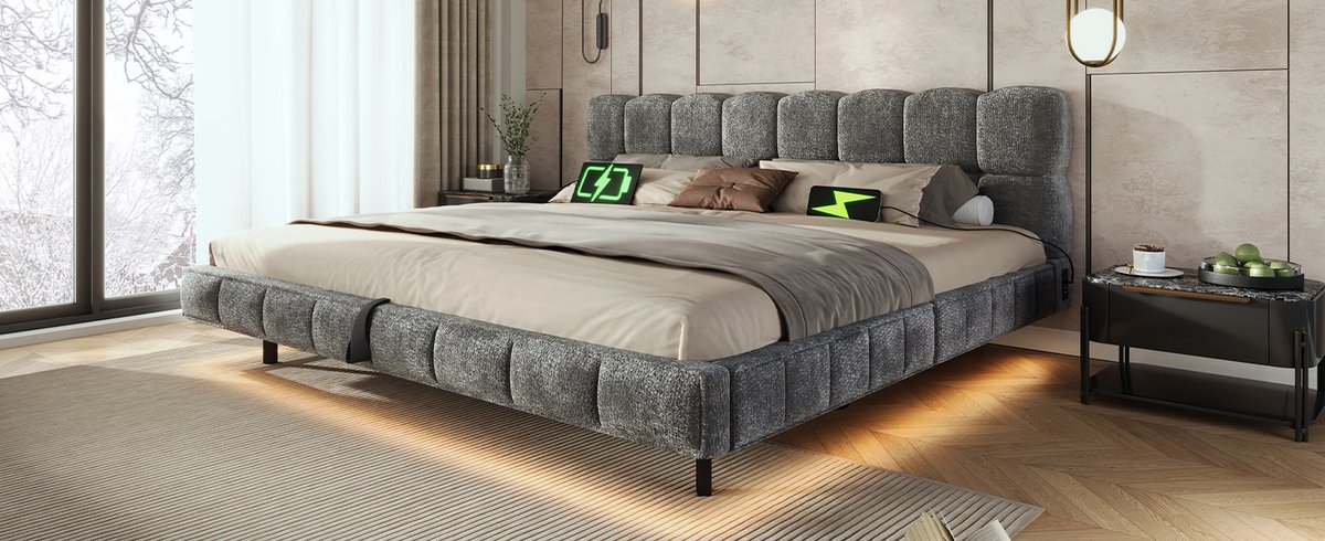 STILVORA Gestoffeerd Bed 140x190 cm – Dubbel Bed met Ledverlichting en Oplaadfunctie – Hydraulische Opbergruimte – Chenille – Grijs – Zonder Matras