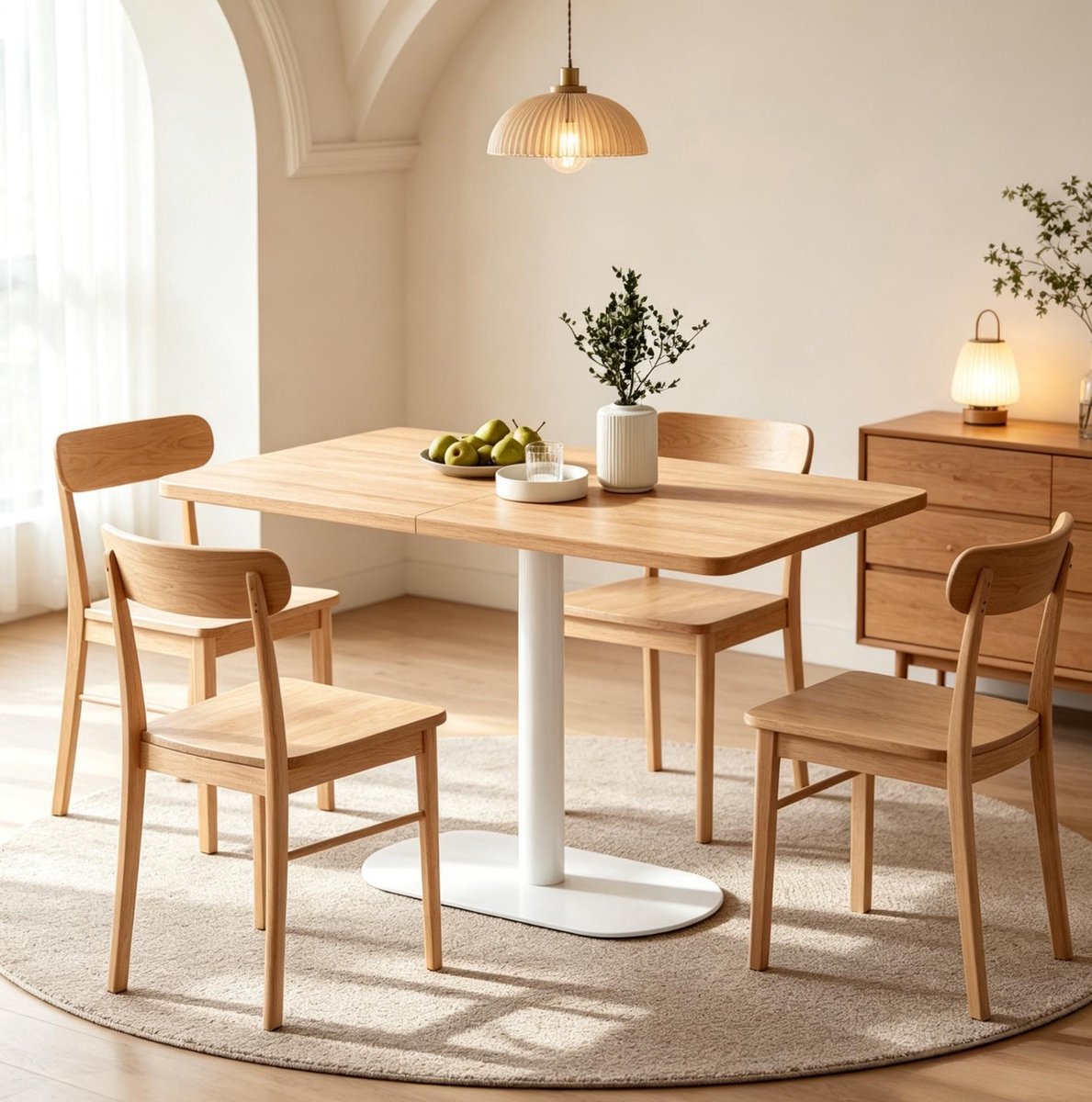 MIVRAY Rechthoekige Eettafel - Ruim Tafelblad Voor 6 Personen Met Centrale Tafelvoet - Moderne Eethoek - Metaal En Spaanplaat - 120x70x75 Cm - Eik Wit