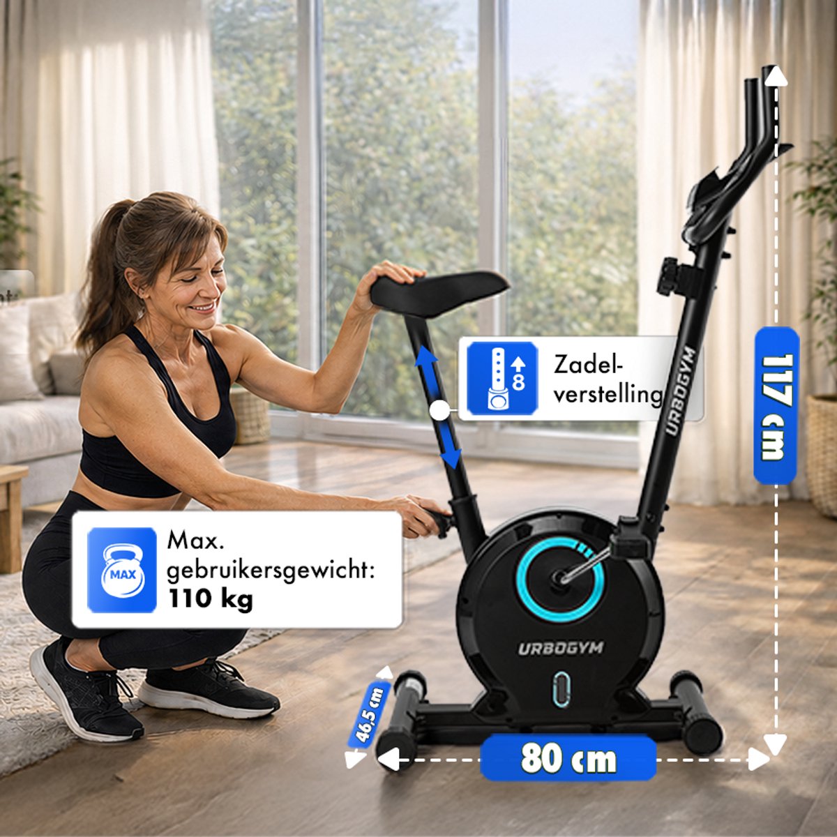 URBOGYM BAY BLUE Hometrainer - Magnetische Fitnessfiets - 8 Weerstandsniveaus - Vliegwiel 3 kg - Max. 110 kg - Blauw thumbnail 4