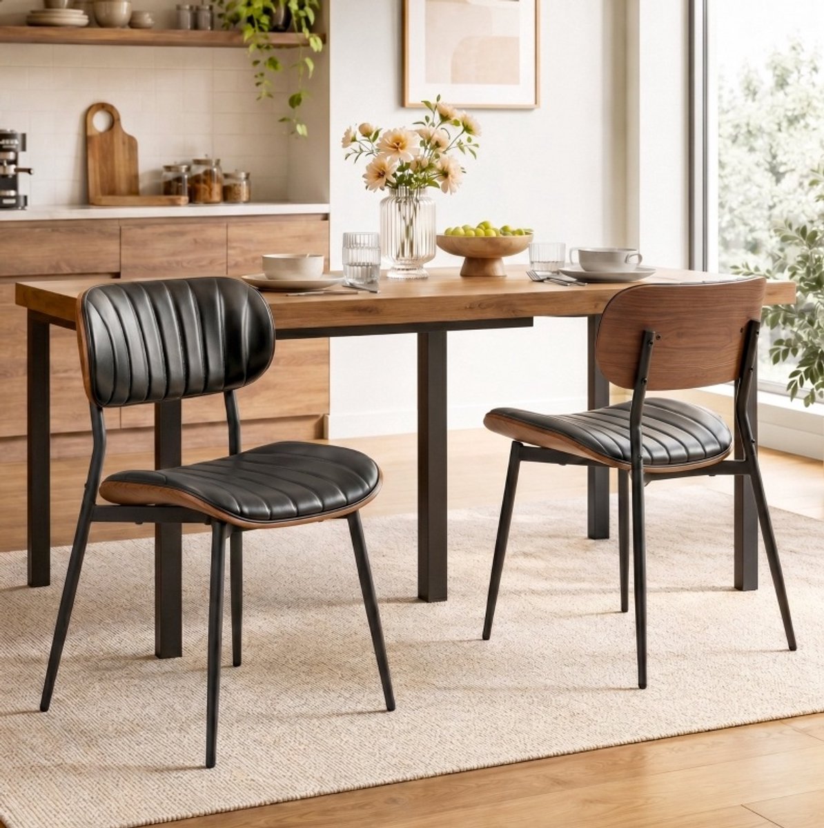 REDOM - Eetkamerstoelen set van 2 - Gebogen rugleuning - Gewatteerde kunstleren zitting - Metalen vierpoot - Zonder armleuningen - Zwart - 49,5 x 49,5 x 80 cm