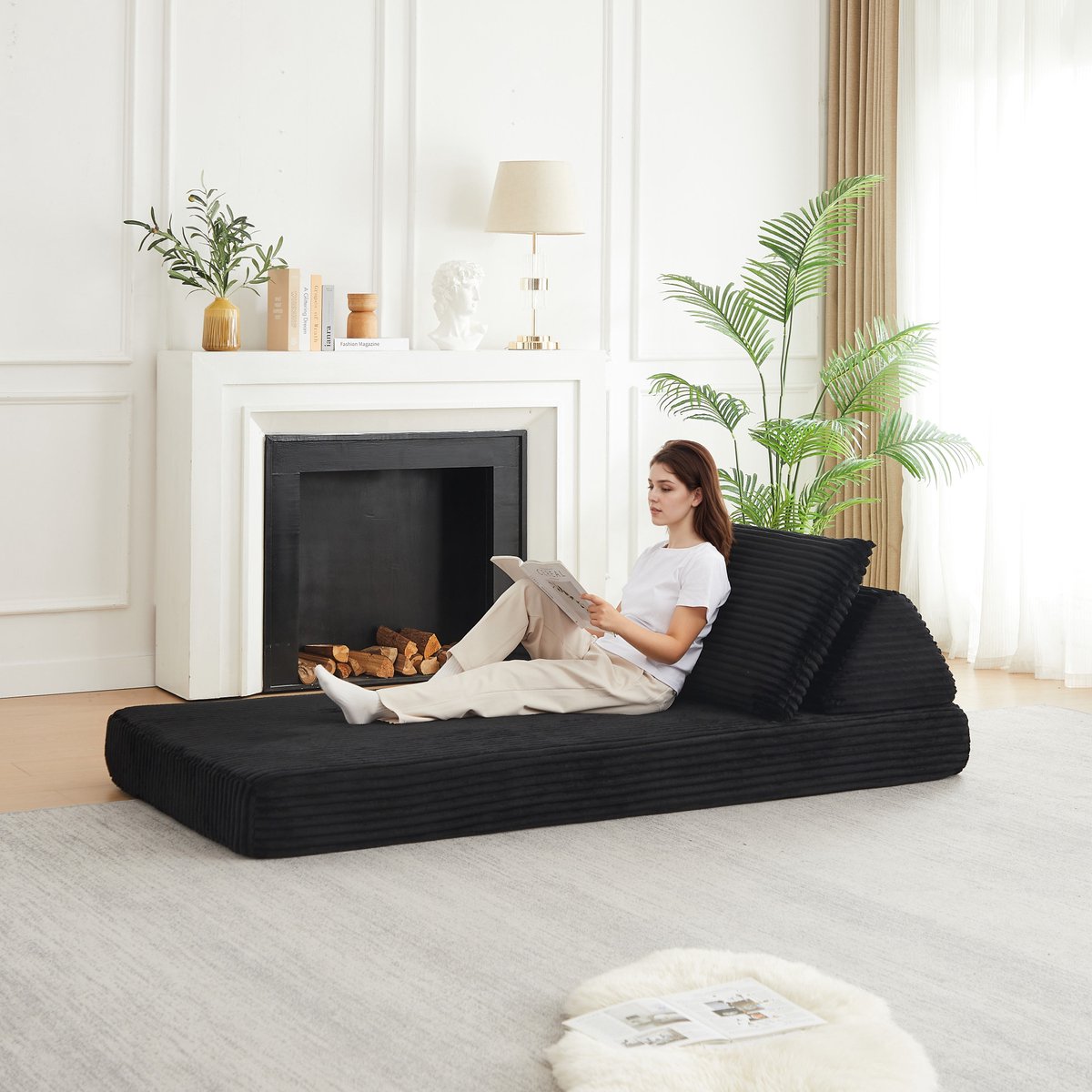 REDOM - Modulaire slaapbank - Verplaatsbare driehoekige rugleuningen - Verstelbare armleuningen - Corduroy bekleding - Zwart - 211,5 x 106,5 x 48 cm