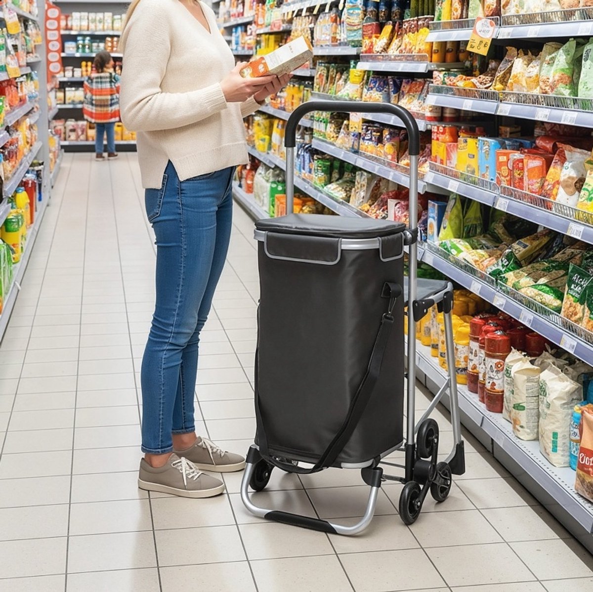 REDOM - Boodschappentrolley met zitje - 3-wiel trapklimsysteem - Opvouwbaar aluminium frame - 40 L Oxford tas - Donkergrijs - 59,5 x 46 x 97 cm