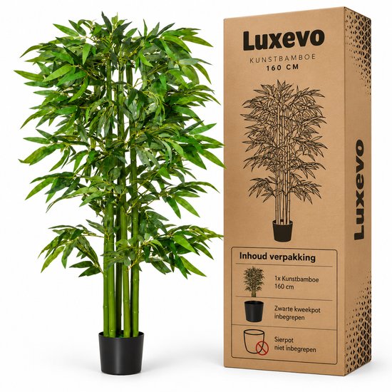Luxevo Kunstbamboe 160 cm – Kunstplant Bamboe – Realistische Bladeren – Zwarte Pot – Groen