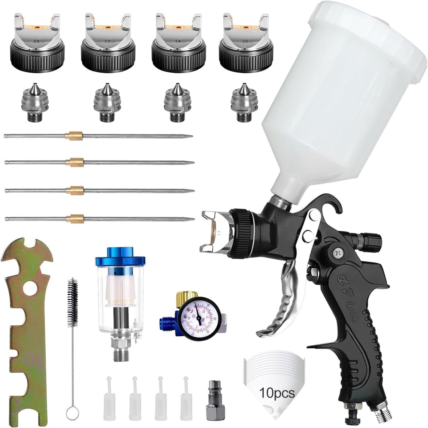 Professionele HVLP Verfspuit met 4 Nozzles, 600 ml Plastic Verfreservoir en Luchtdrukregelaar voor Precisieverfwerkzaamheden