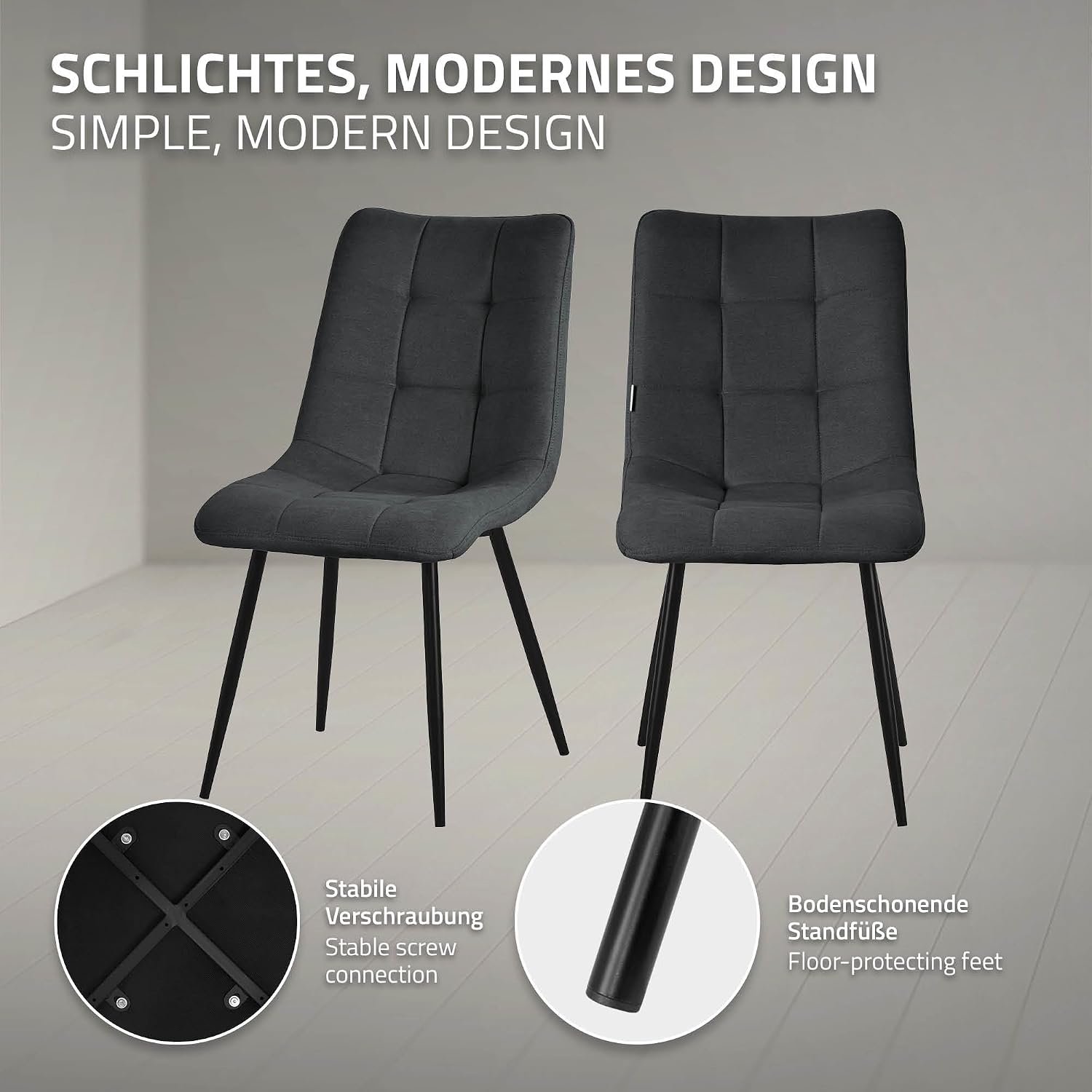 Livia Eetkamerstoelen Set van 2 Antraciet – Gestoffeerde Eetkamerstoelen met Stoffen Bekleding, Zwarte Metalen Poten, Rugleuning, 60,5 x 49 x 89 cm – Woonkamer, Keuken en Kantoor