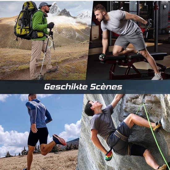 Vier collagescènes met mannen die sporten en buitenactiviteiten doen, met de tekst 'Geschikte Scènes'.