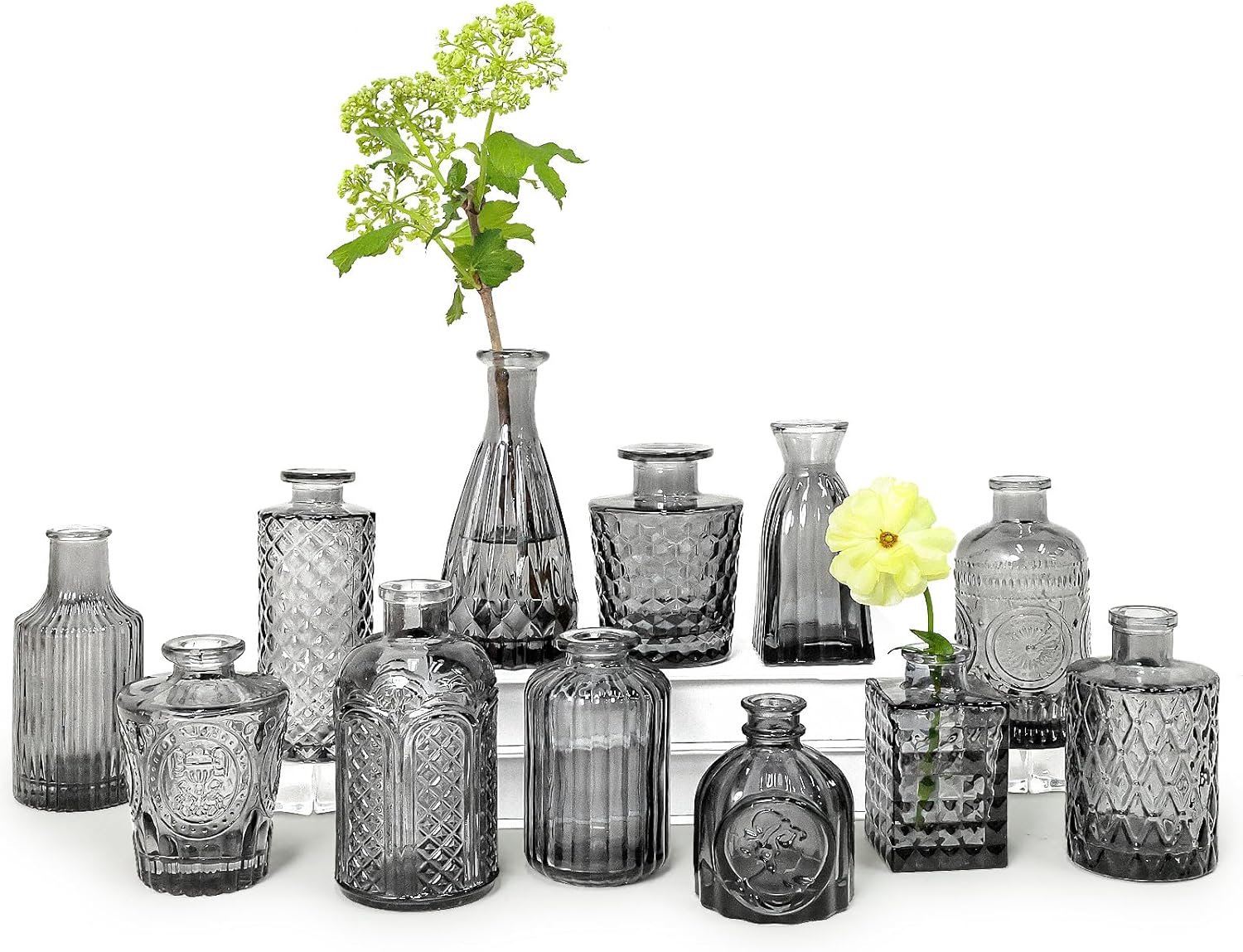 SnelShoppen - 12 Stuks Zwarte Mini Vintage Vazen Set, Glas Bloemenvazen met Etnische Patroon, Perfect voor Tafel Decoratie, Bruiloften en Thuisgebruik