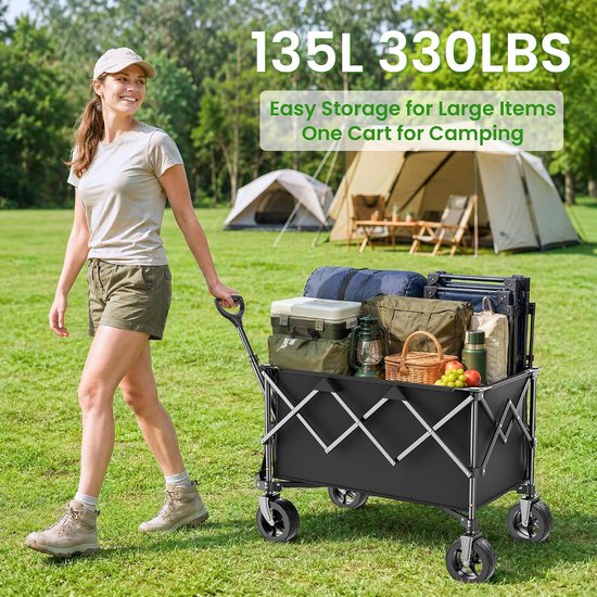 SnelShoppen - Festival Trolley Utility Wagon Cart 140L Capaciteit met Uittrekbare Handgreep voor Tuinieren, Kamperen, Winkelen en Buitenactiviteiten — afbeelding 4