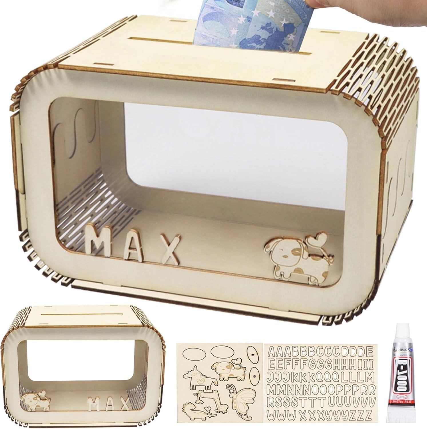 Wooden Money Box, Personalised with A-Z Letters, 5 Small Animal Accessories, Money Box with Name, DIY Piggy Bank - ShopVlot