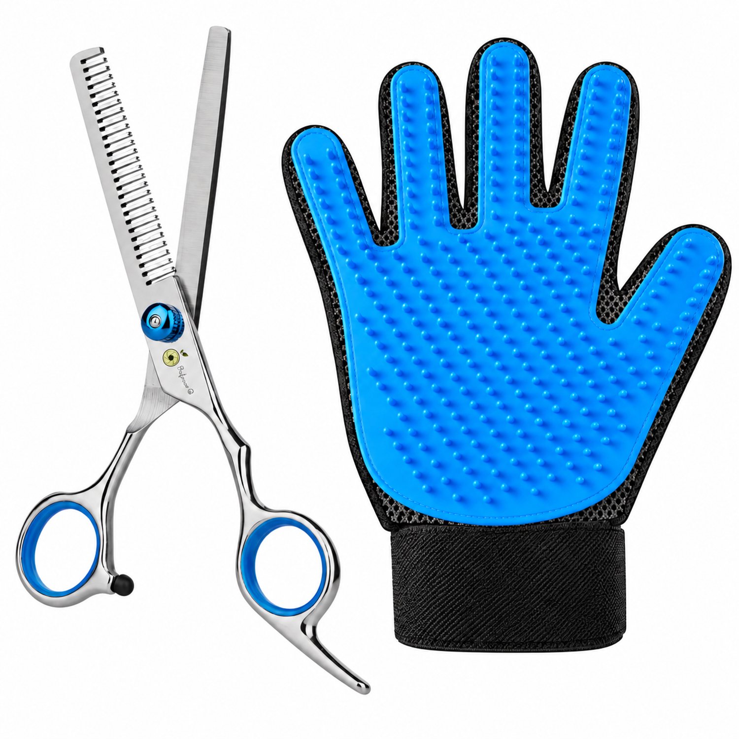 Professor Q Hondentrimset - Effileerschaar Zilver/Blauw - Vachthandschoen Blauw - 2-delig