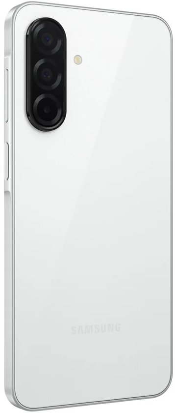 Achterkant van de witte Samsung Galaxy met verticaal camerablok en het merklogo.