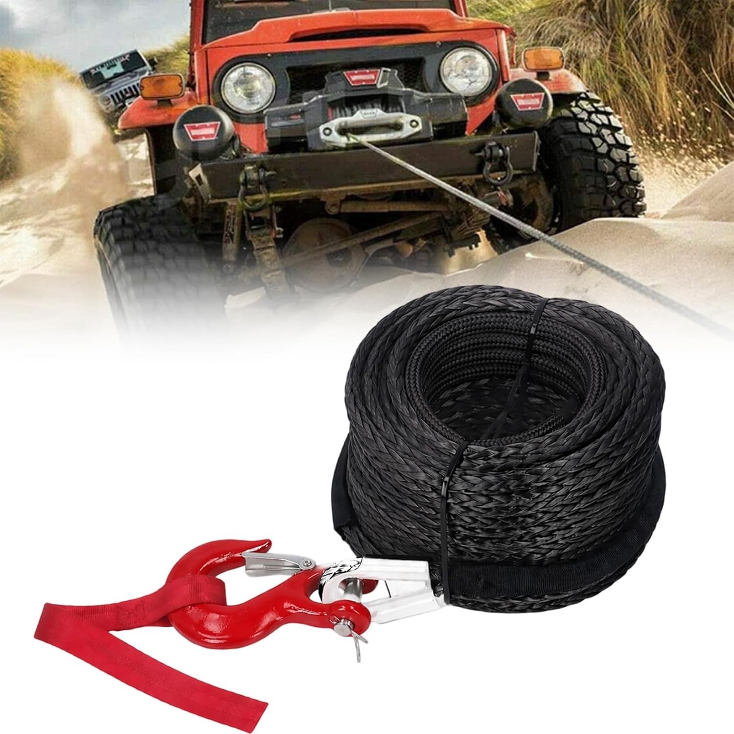 Stevige 8mm x 15m Sleepkabel, 12-strengs synthetisch touw met beschermhoes en metalen haak, ideaal voor ATV, UTV, SUV en boot met een trekkracht tot 6000kg