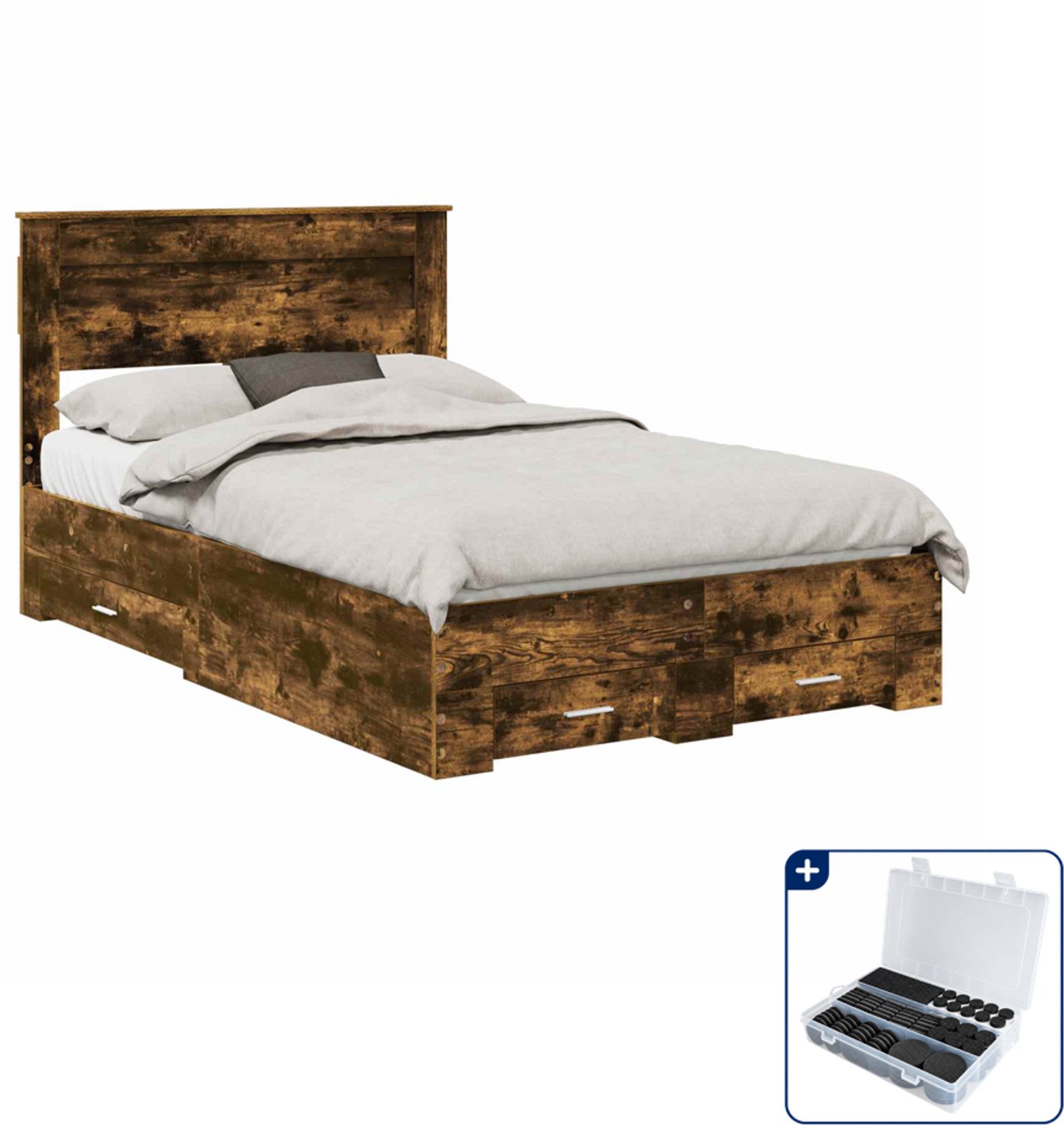 vidaXL bedframe met lade - 135 x 190 cm - bewerkt hout - gerookt eiken - Inclusief antikrasvilt 177-delig Zwart