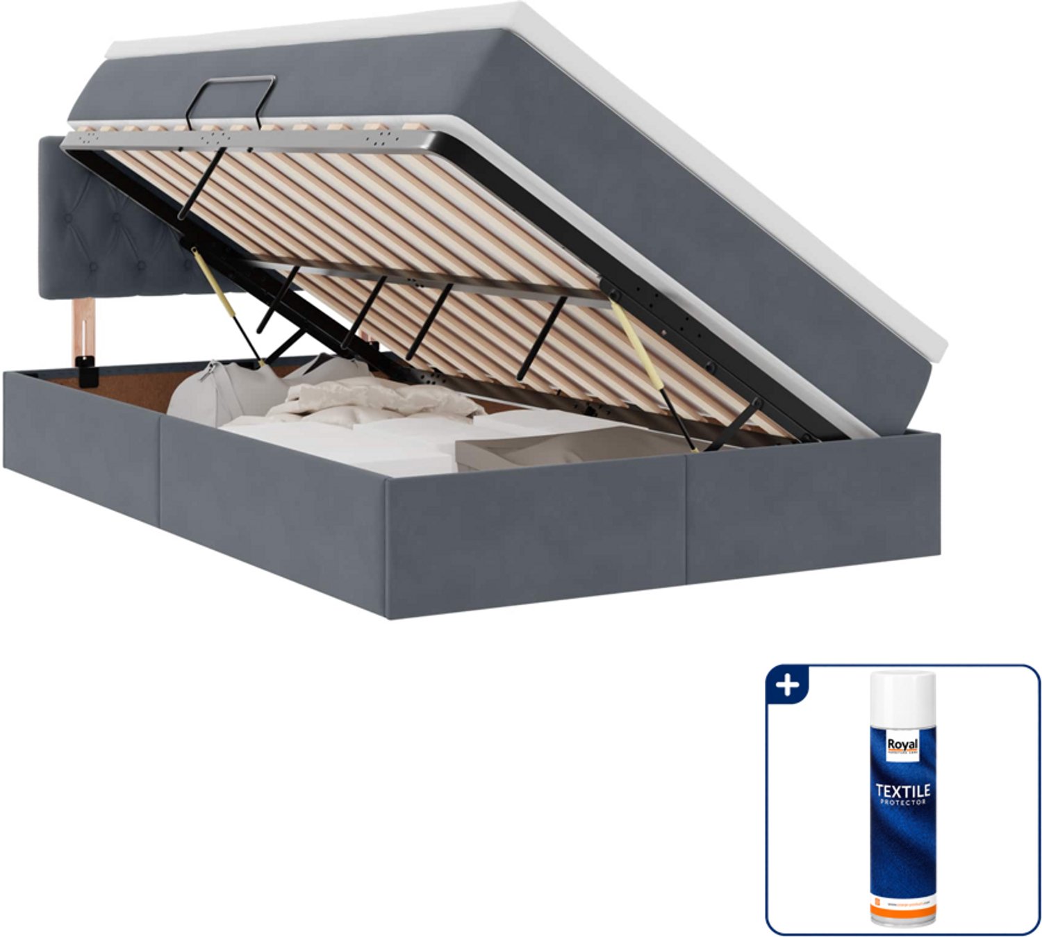 vidaXL led opslagbed met matras - 120 x 200 cm - fluweel - donkergrijs - Inclusief textielbeschermer 500 ml Blauw