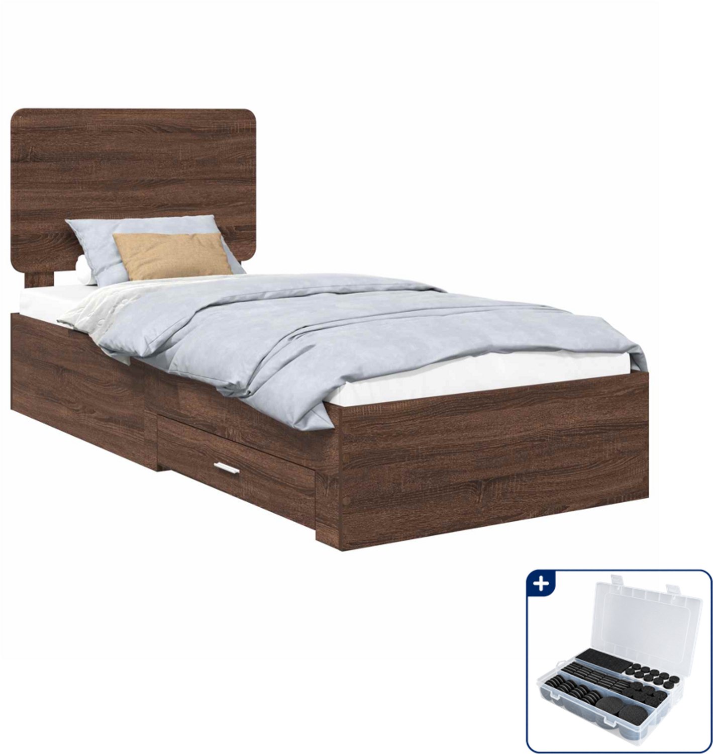 vidaXL bedframe met lade - 75 x 190 cm - bewerkt hout - bruin eiken - Inclusief antikrasvilt 177-delig