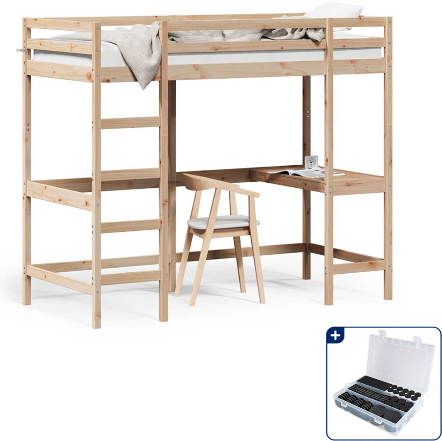 vidaXL hoogslaper met bureau - 90 x 200 cm - massief grenenhout - Inclusief antikrasvilt 177-delig Bruin