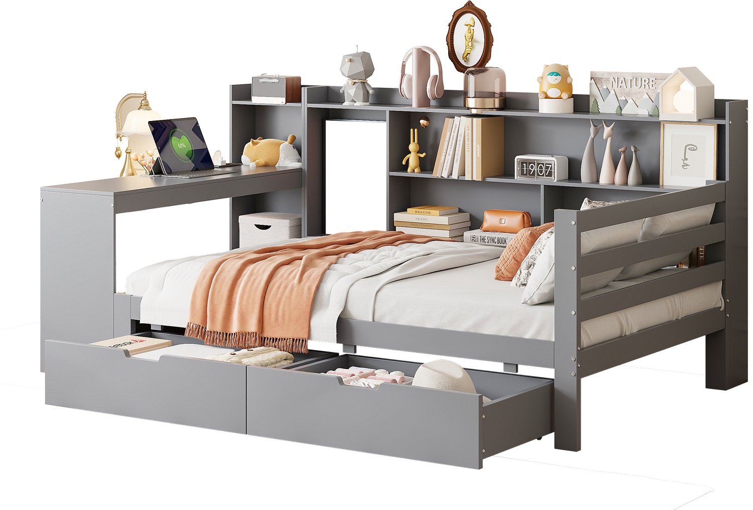 MUVANO Grijze houten bedbank 90x200 - bedbank met bureau en boekenkast, opberglades, stopcontact en USB-aansluitingen Grijs