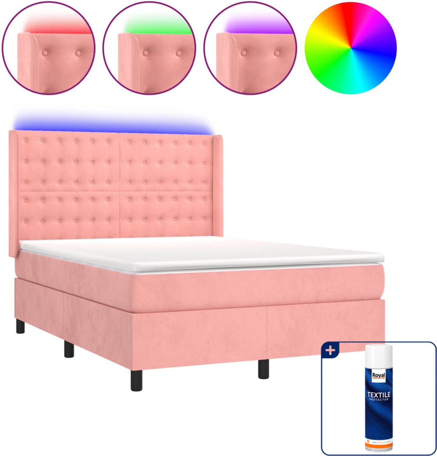 vidaXL Boxspring met matras en LED - 140 x 190 cm - fluweel - roze - Inclusief textielbeschermer 500 ml