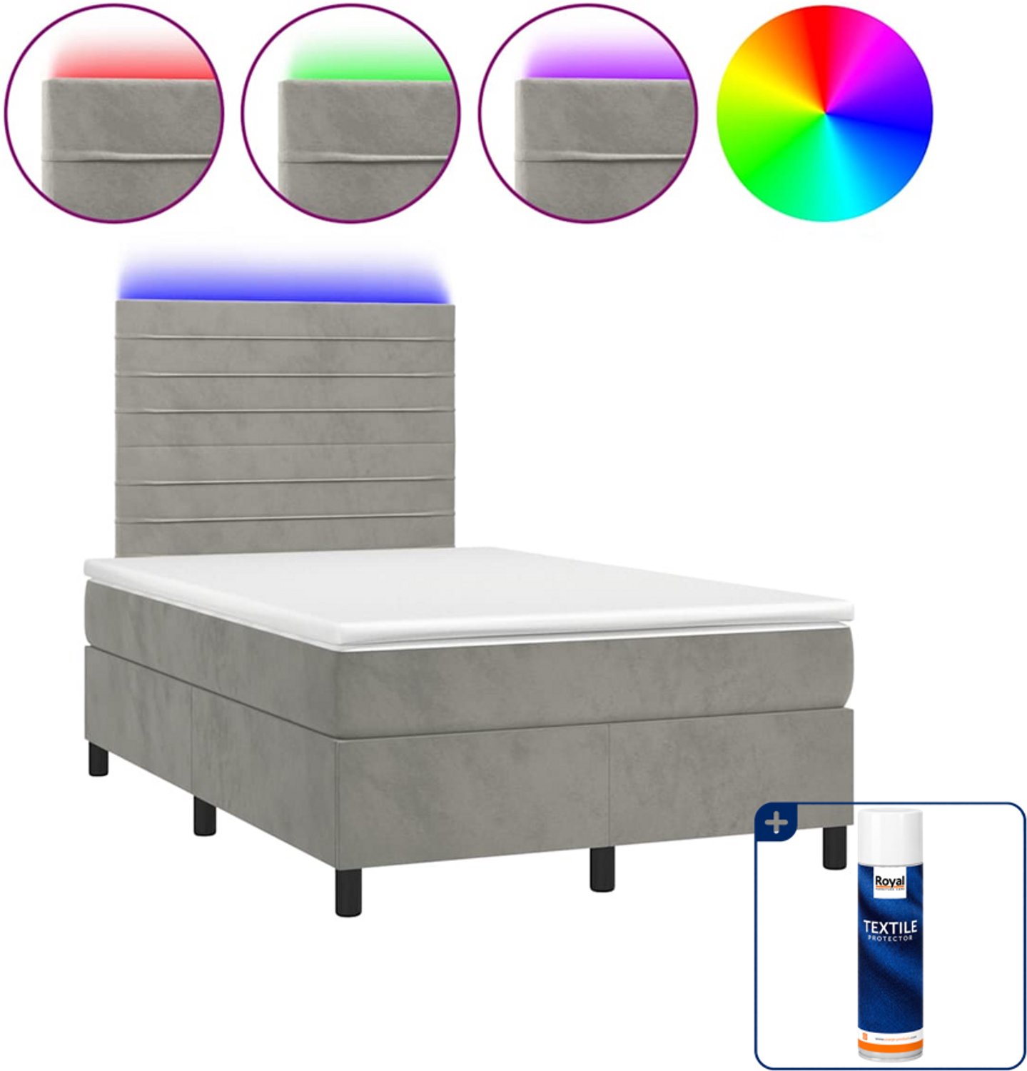 vidaXL boxspring met matras en LED - 120 x 190 cm - fluweel - lichtgrijs - Inclusief textielbeschermer 500 ml
