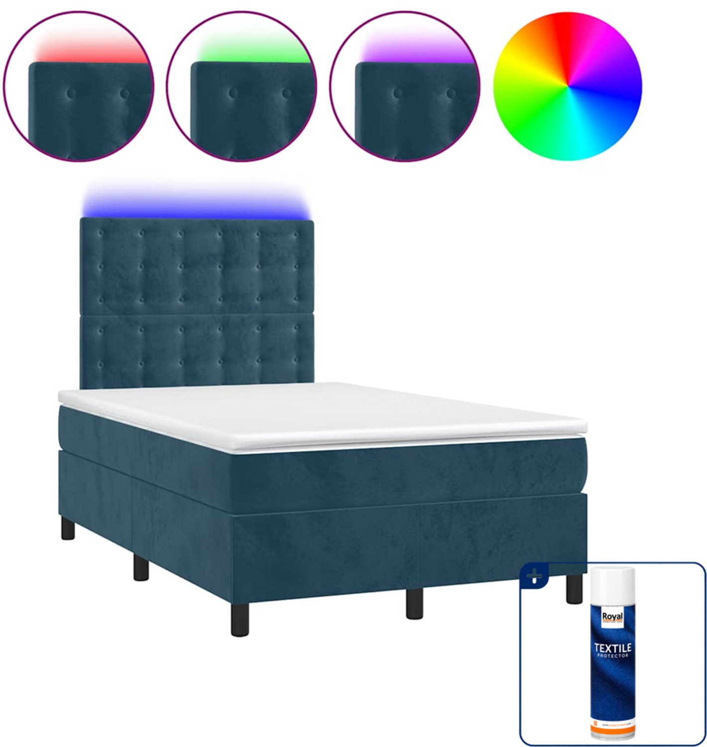 vidaXL boxspring met matras en LED - 120 x 190 cm - fluweel - donkerblauw - Inclusief textielbeschermer 500 ml