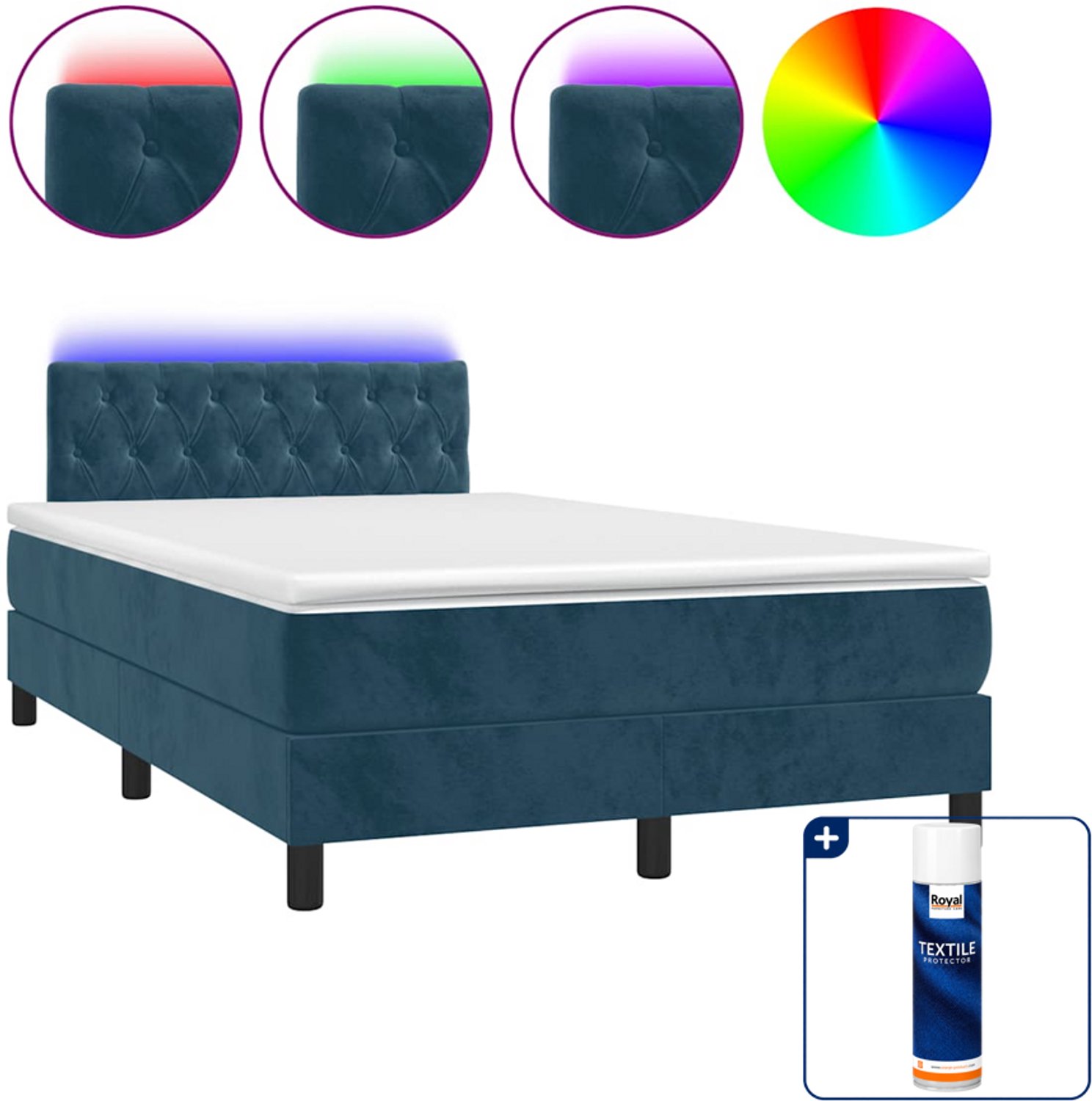 vidaXL Boxspring met matras en LED - 120 x 190 cm - fluweel - donkerblauw - Inclusief textielbeschermer 500 ml Grijs