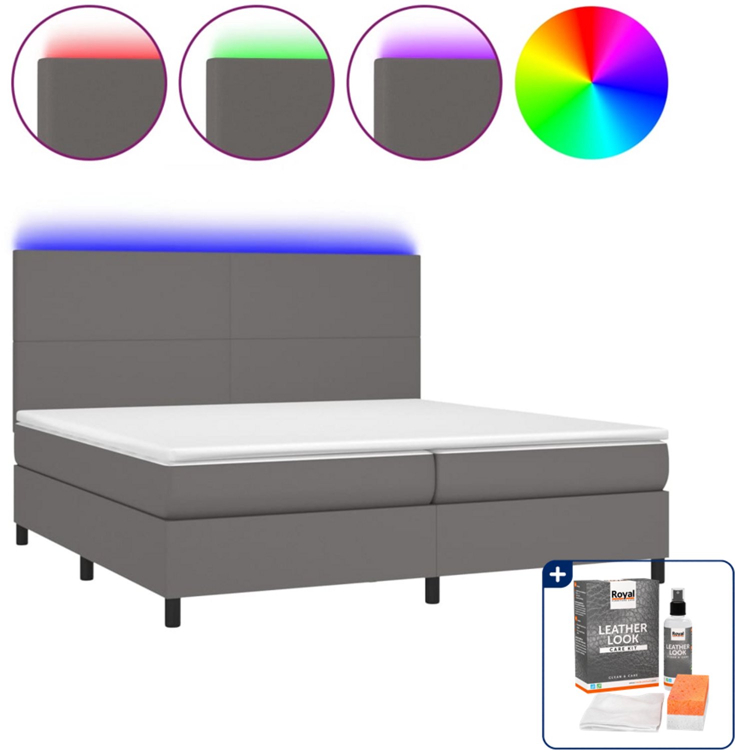 vidaXL Boxspring met matras en LED - Super kingsize - 200x200 cm - grijs - Inclusief onderhoudsset voor kunstleer 150 ml