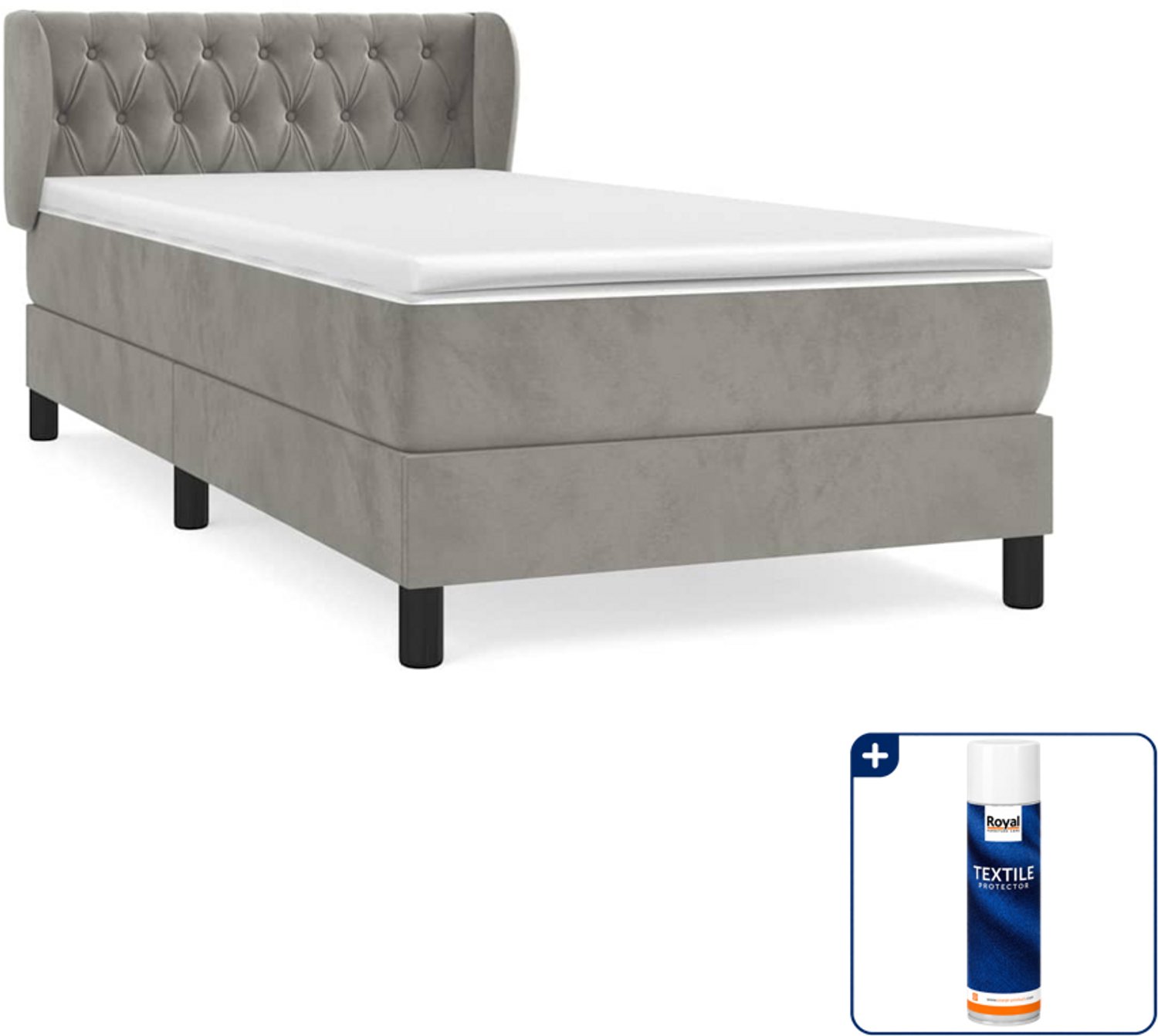vidaXL boxspring met matras 90 x 190 cm - fluweel - lichtgrijs - Inclusief textielbeschermer 500 ml