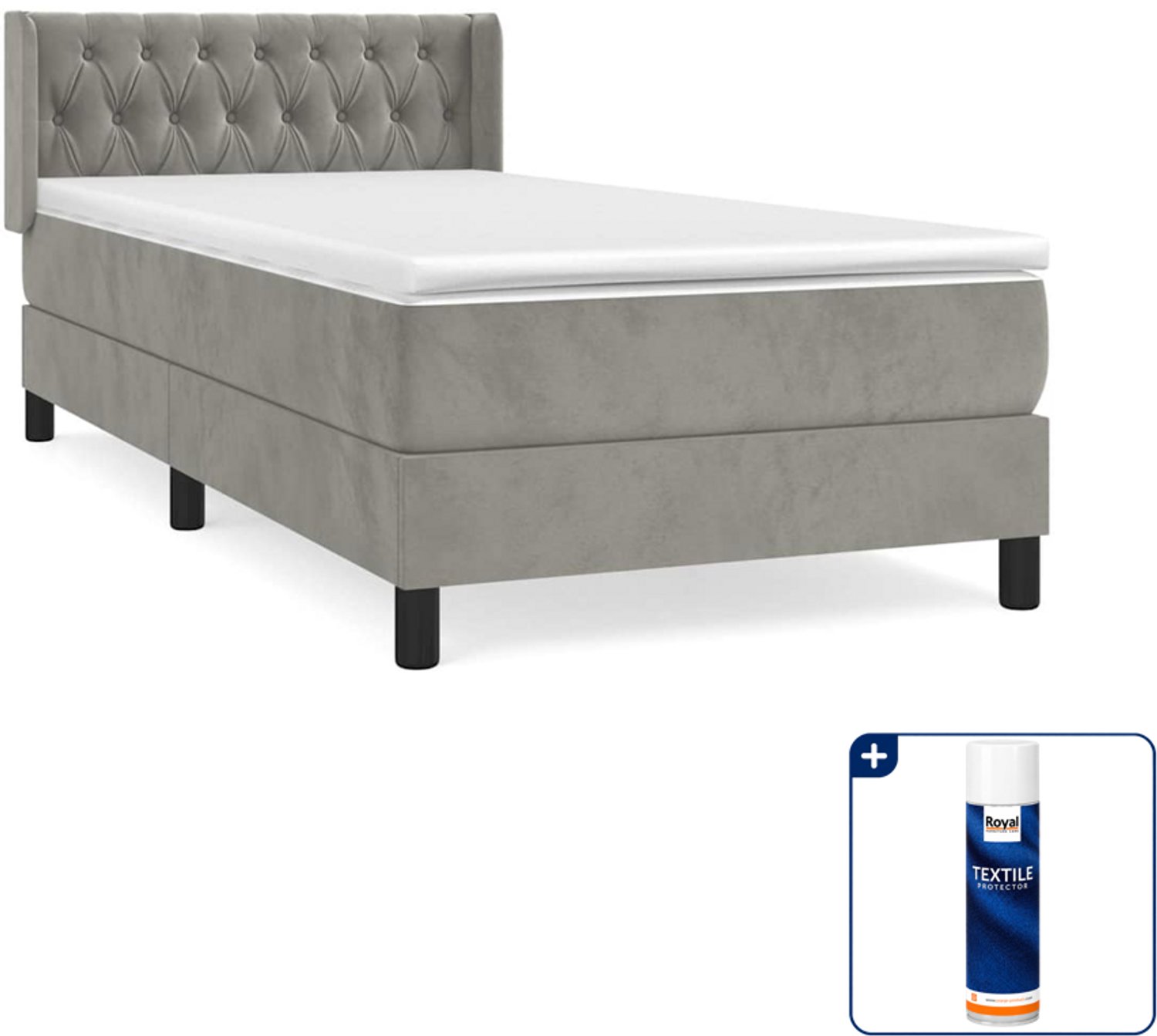 vidaXL boxspring met matras 90 x 190 cm - fluweel - lichtgrijs - Inclusief textielbeschermer 500 ml