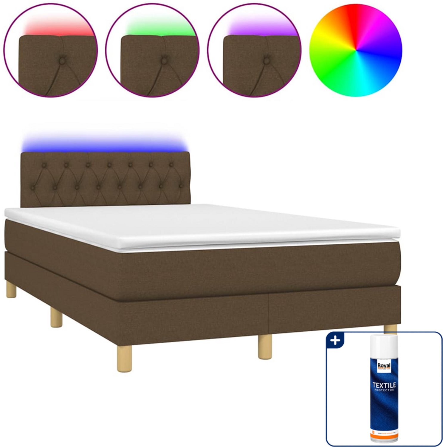 vidaXL boxspring met matras en LED - 120 x 200 cm - donkerbruin - Inclusief textielbeschermer 500 ml