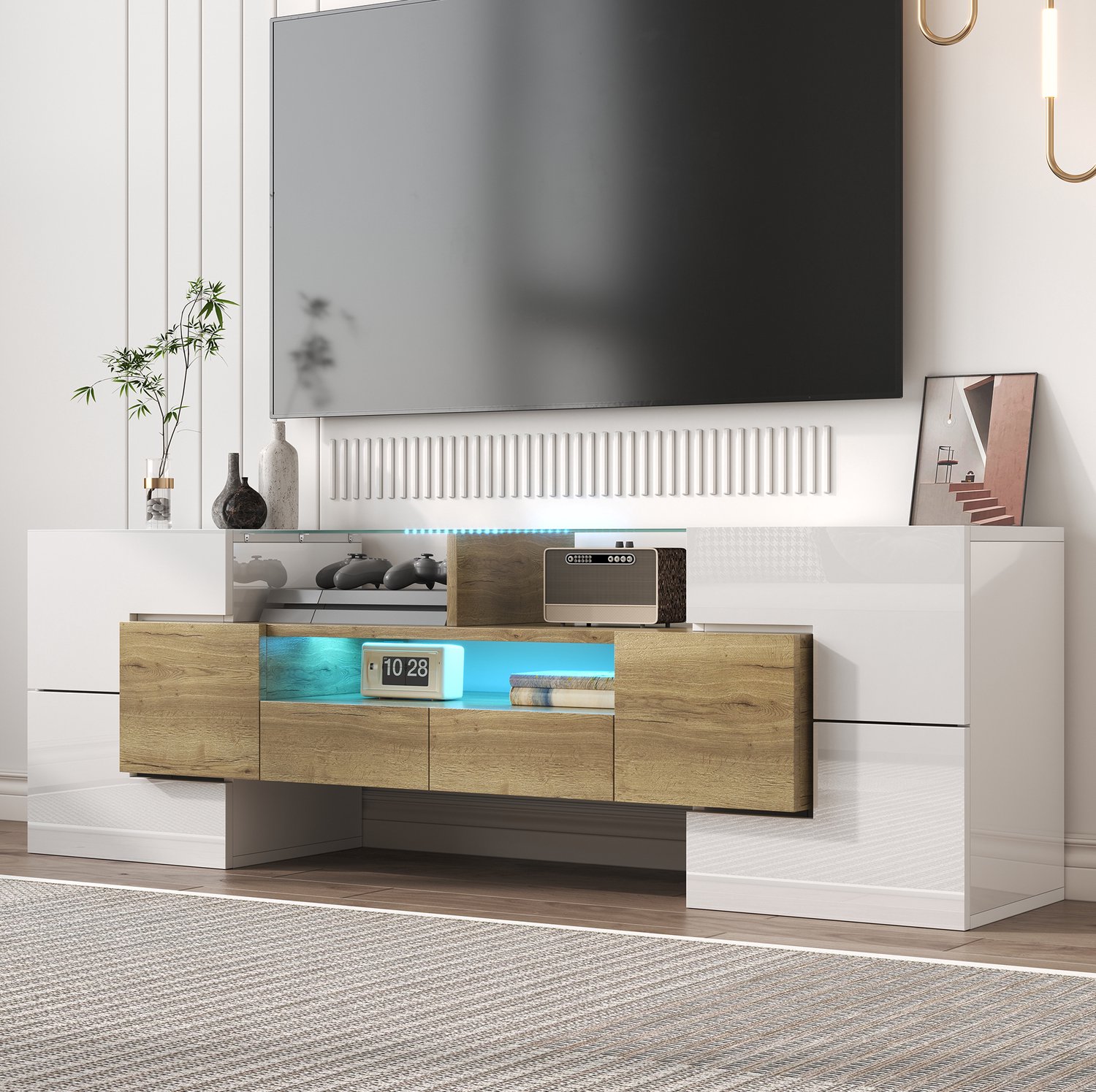 Maisentiel Tv-meubel 145 cm met meerkleurige ledverlichting en opbergruimte - wit Wit en houtkleur