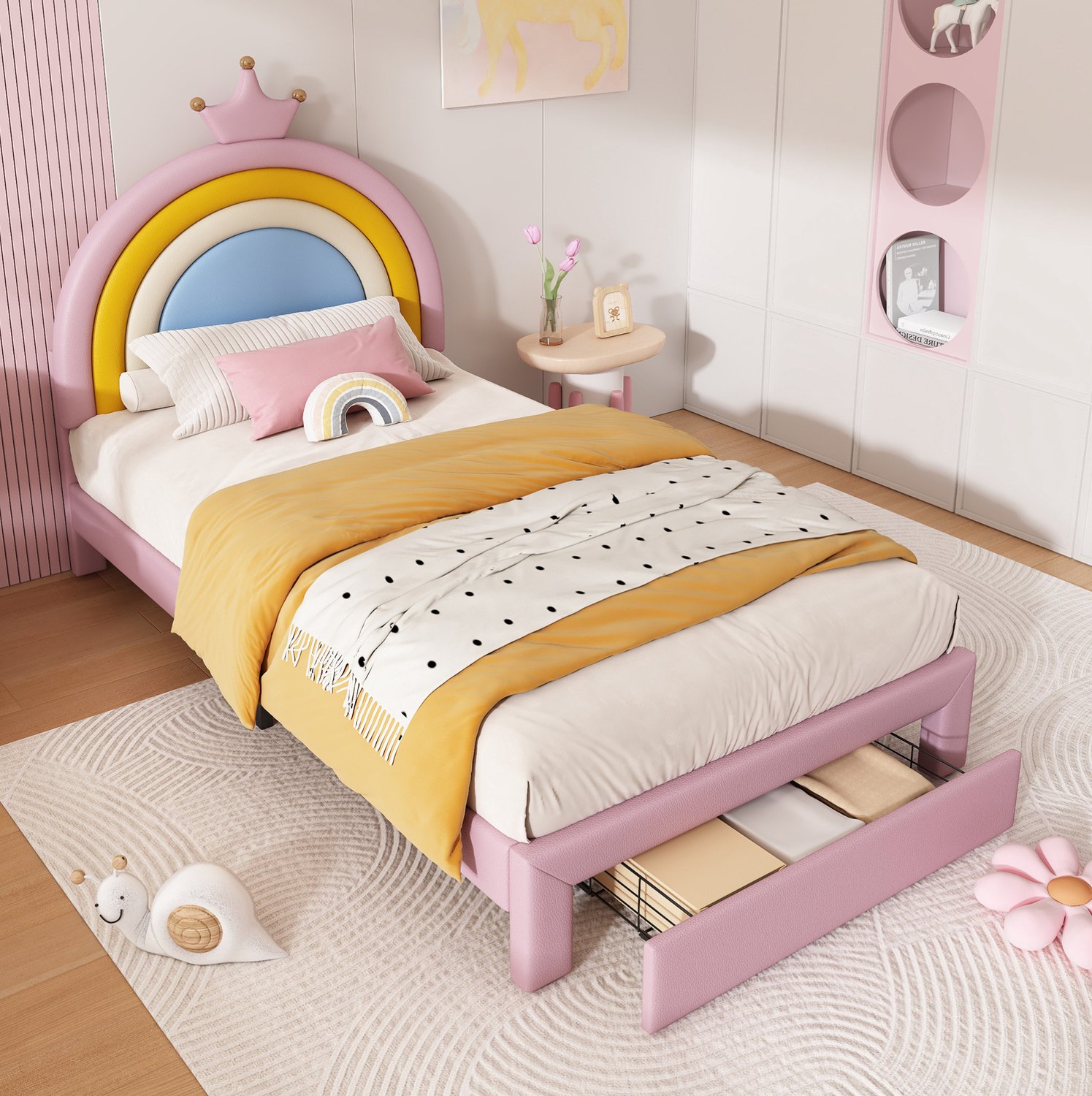 MODFU Kinderbed - Regenbooghoofdbord Met Kroon - Bedlade - Kunstleer - Roze - 90 X 200 Cm