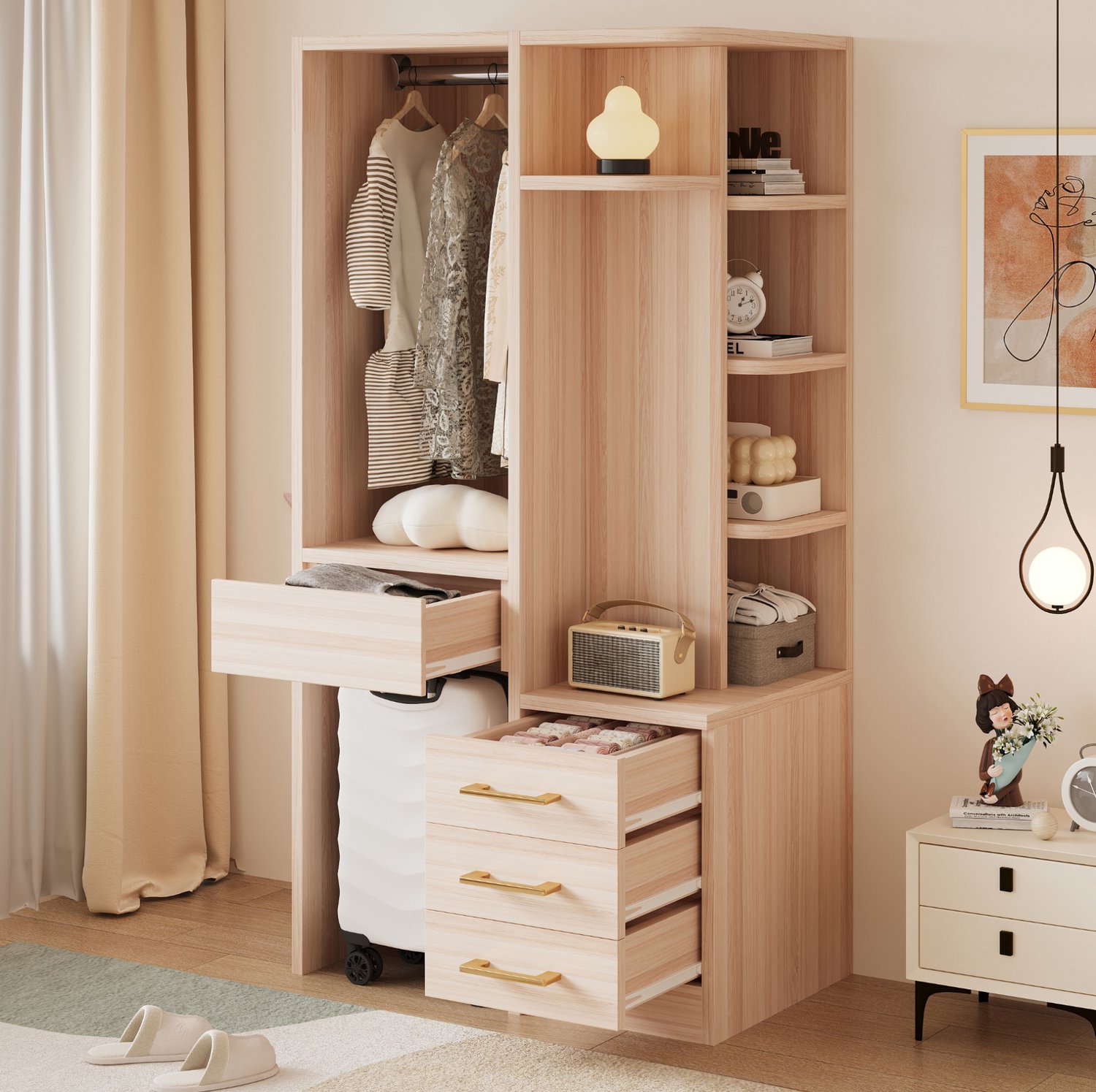 REDOM Kledingkast 70x45x135 cm - Hanggedeelte, open planken en 3 lades - Wit/houtkleur Wit / houtkleur