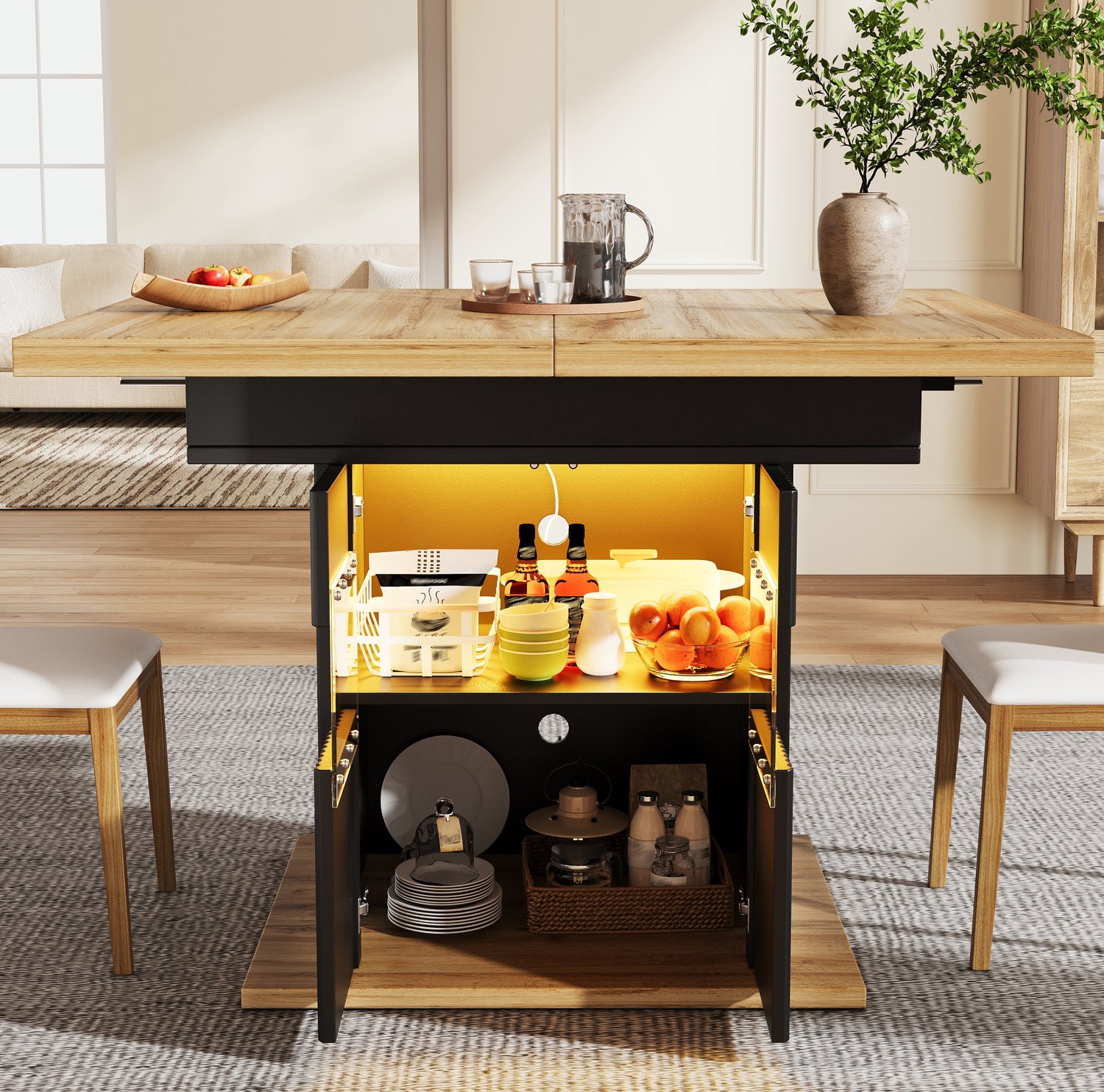 Maisentiel Uitschuifbare eettafel met opbergruimte en LED-verlichting - 110-140 cm - zwart/houtlook Zwart en houtkleurig
