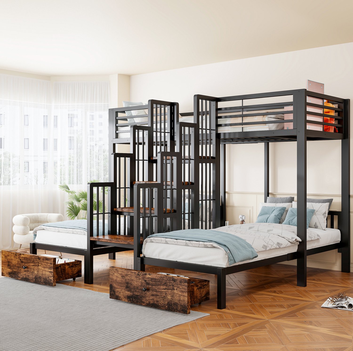 MODFU Stapelbed - Drie Slaapplaatsen - Trap En Lades - Metaal En Hout - Zwart - 90 X 200 Cm