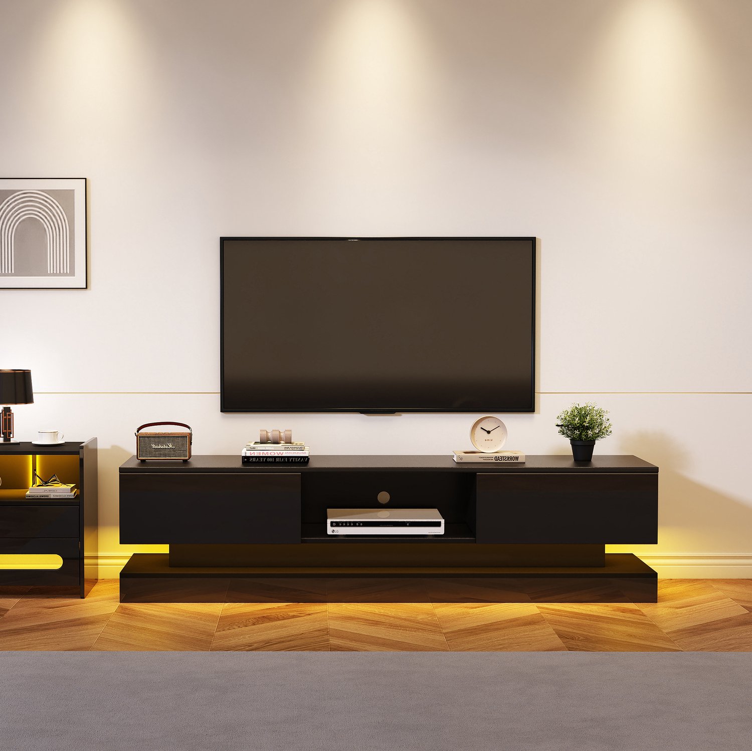 Maisentiel Zwart hoogglans tv-meubel 160 cm met 2 lades, ledverlichting en appbediening