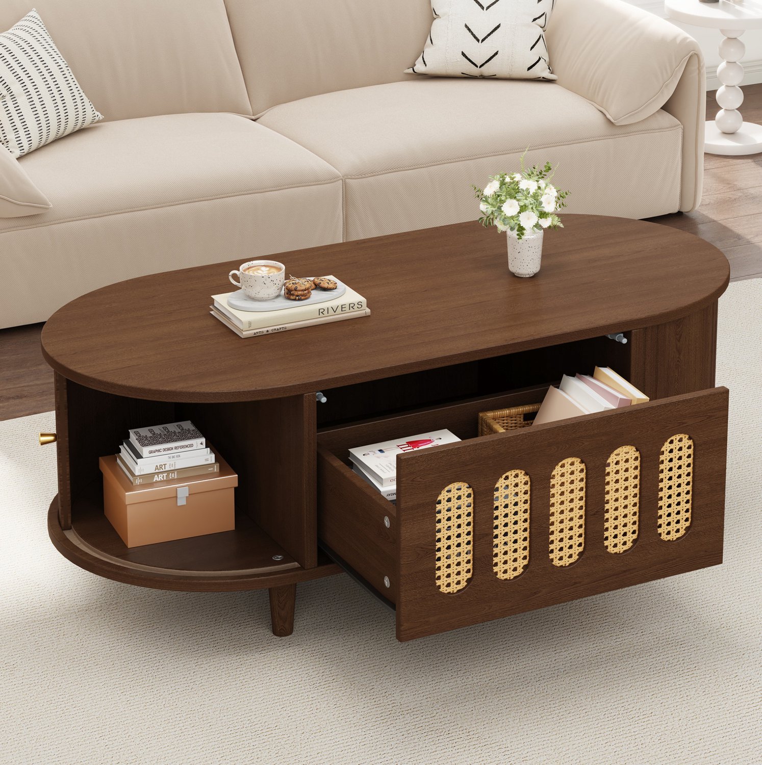 MODENUIT Salontafel - Met Lade En Twee Roldeuren - Voor Woonkamer - MDF Walnootkleur - 100x50x40 Cm