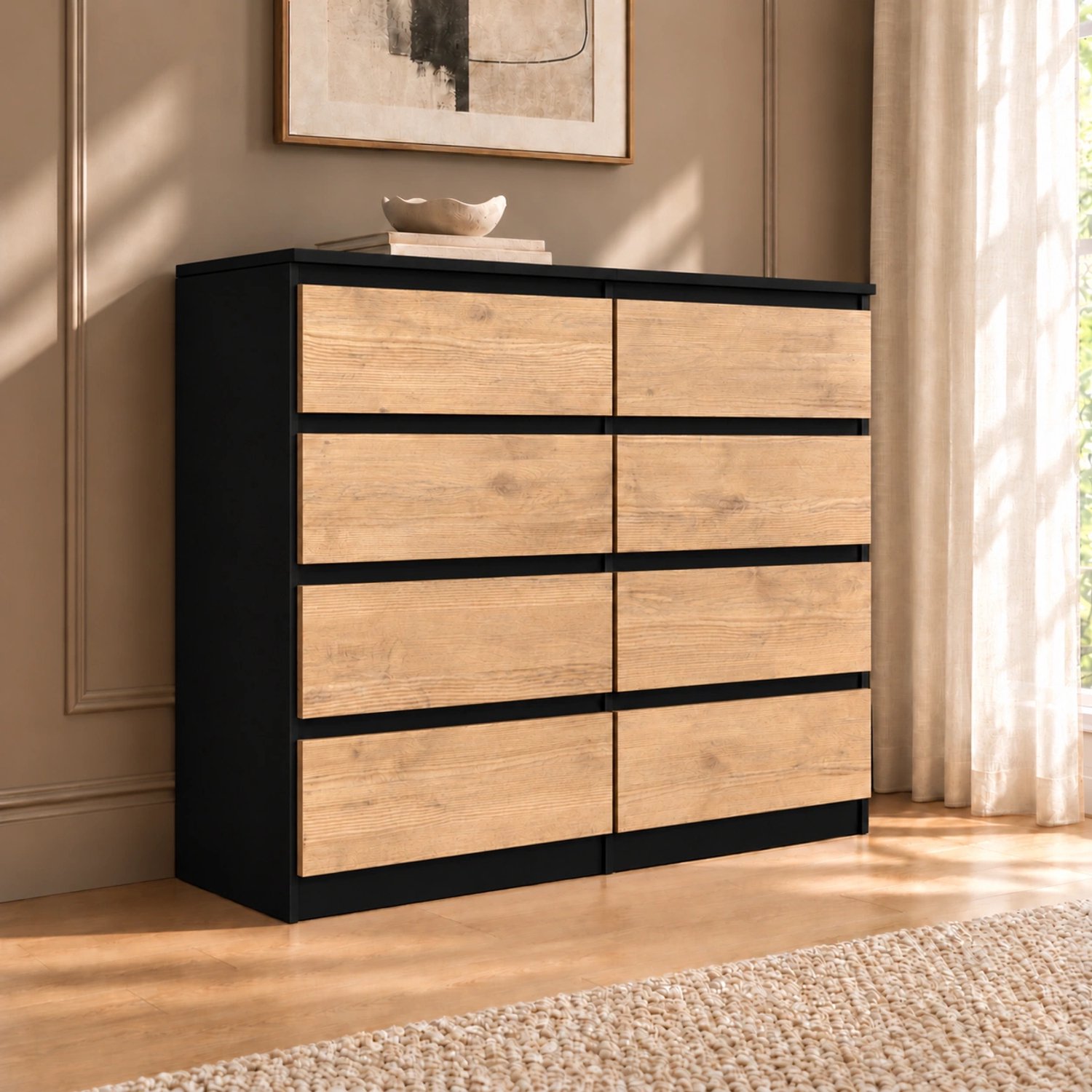 Promeubels Pro-meubels - Ladekast Ibiza - Zwart mat - Eiken - 120cm - 8 lades - Opbergkast - Commode
