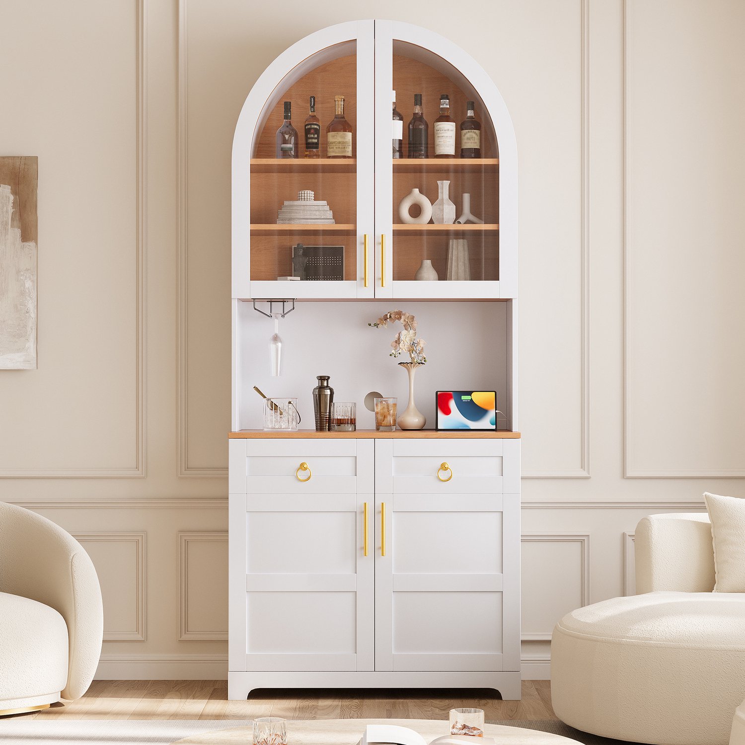 HAUSS SPOLE Buffetkast - Glazen Boogdeuren met Ledverlichting en Twee Lades - voor Eetkamer en Keuken - Wit MDF en Spaanplaat - 80x40x180 Cm