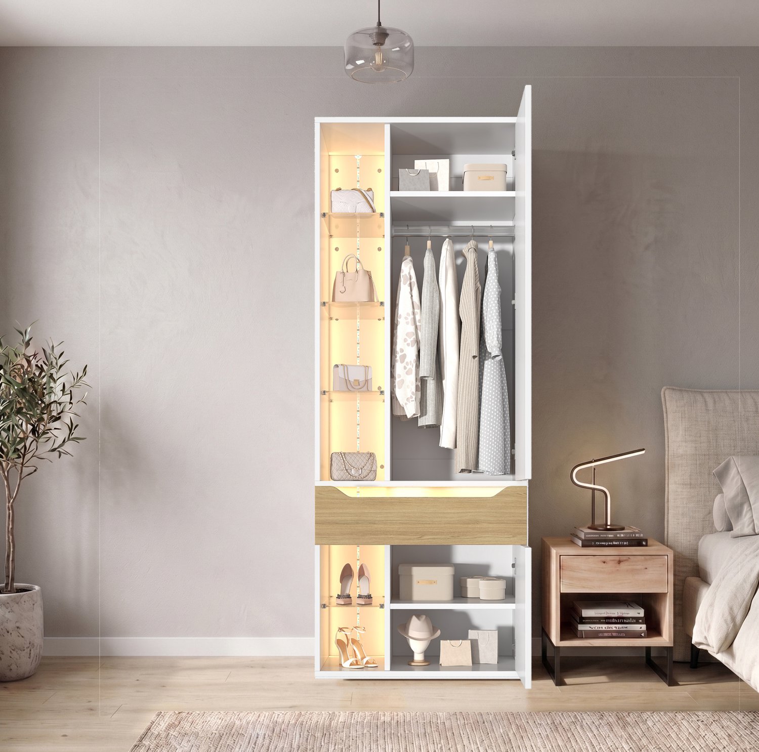 HAUSS SPOLE Kledingkast - LED-Verlichting En Glazen Vitrine - Kledingroede, Lade En 6 Open Vakken - Slaapkamer - MDF - Wit - 75x50x200 Cm