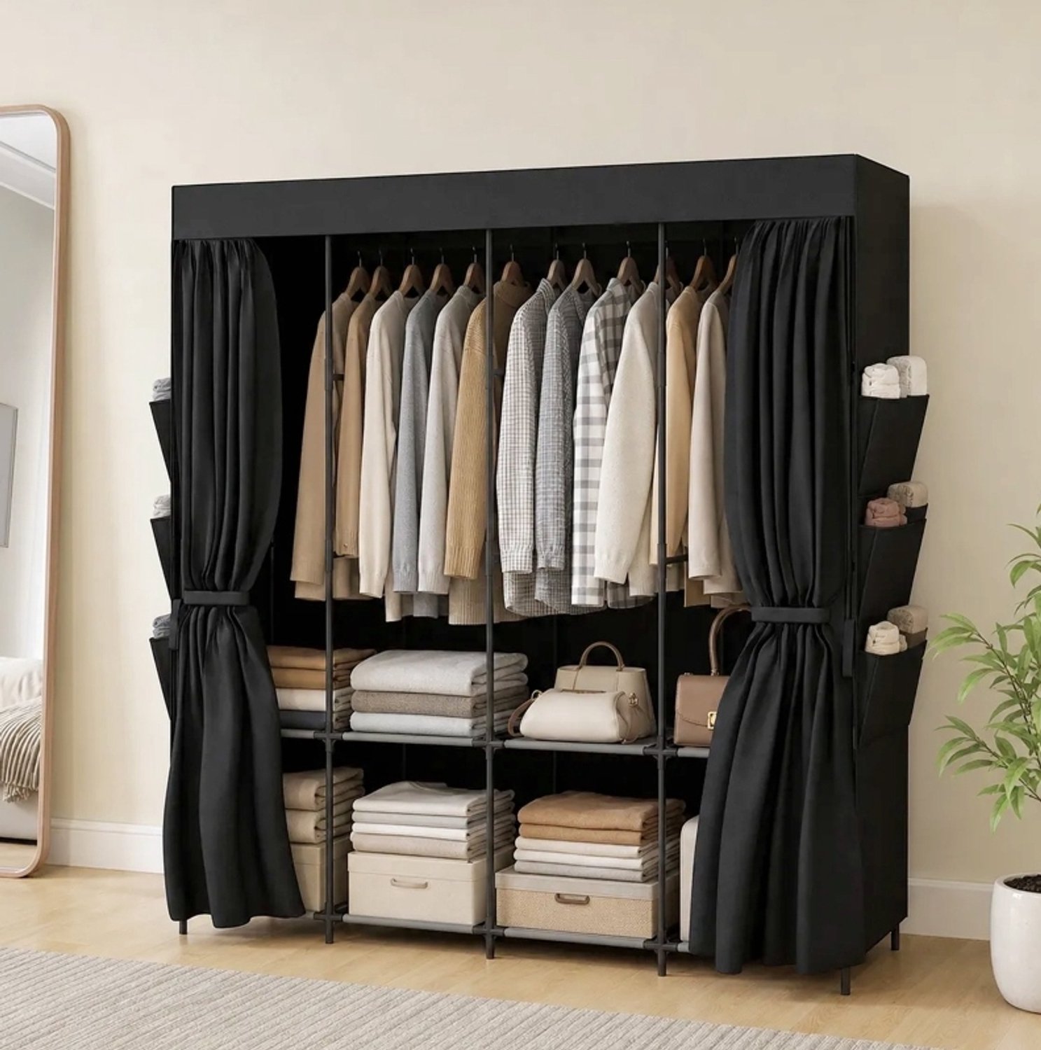 HAUSS SPOLE Kledingkast - Opvouwbaar met 5 Kledingstangen en 4 Legplanken - voor Slaapkamer - Polyester en Staal - Zwart - 170 x 45 x 167 cm