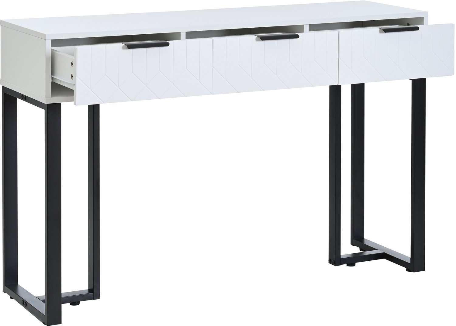 MUVANO Moderne consoletafel met laden - Sidetable - MDF en metalen frame - Verstelbare voetdoppen - Geometrisch ladepatroon - Hal en woonkamer - Wit/zwart