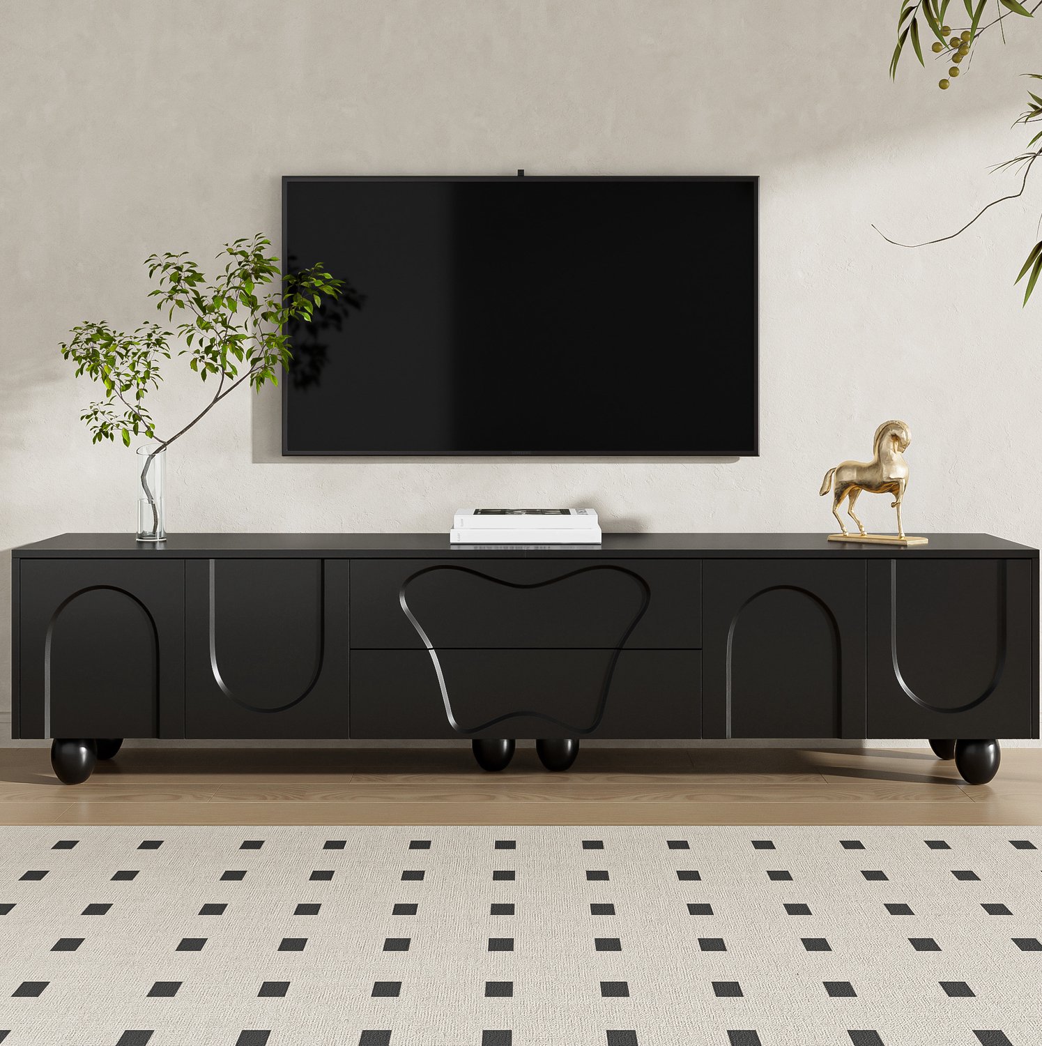 Maisentiel Zwart tv-meubel 180 x 40 x 42 cm met lades en houten poten