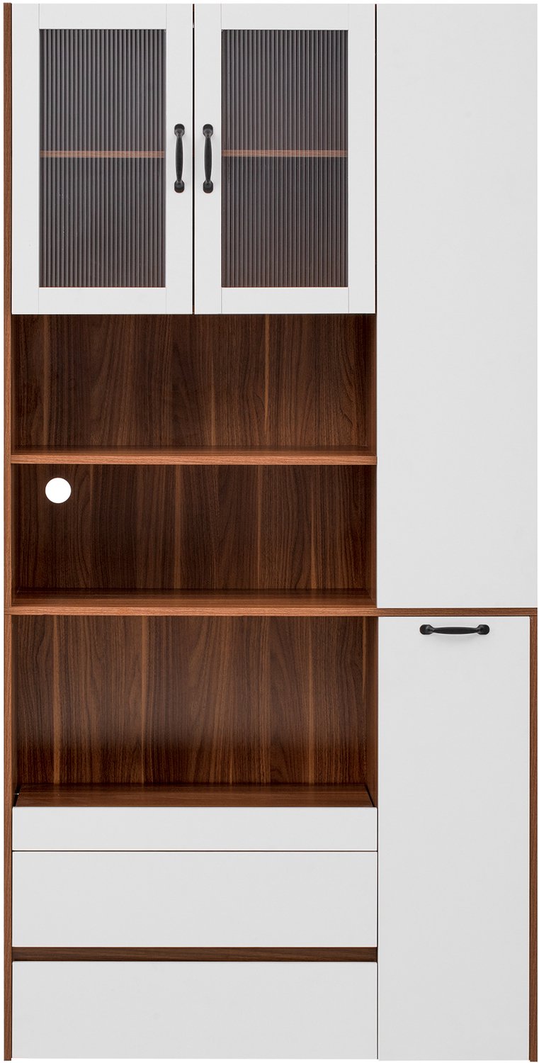 MUVANO Buffetkast met ribbelglas - Verstelbare en uittrekbare legplanken - MDF - 100 x 40 x 200 cm - Voor keuken en eetkamer - Wit en walnootkleur