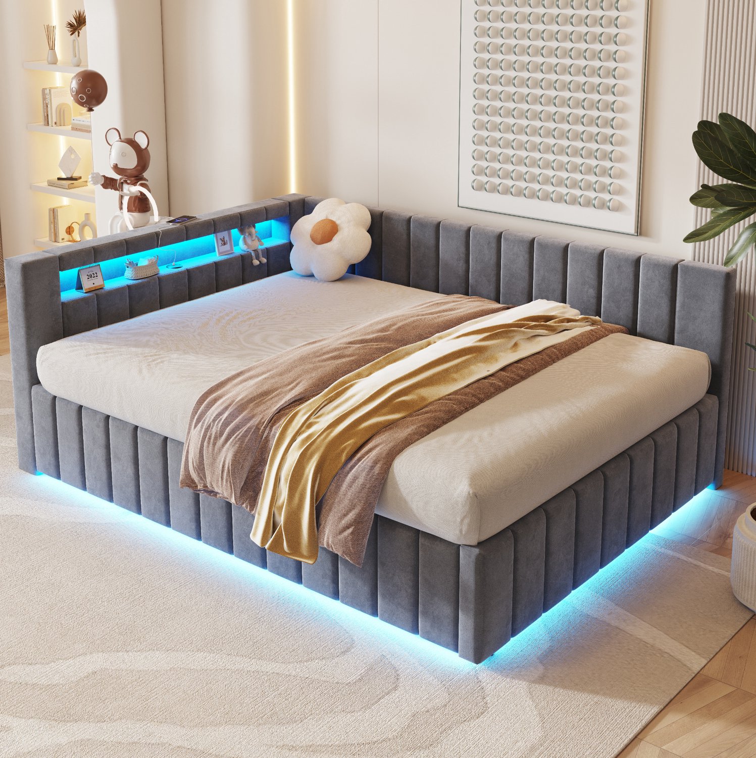 Maisentiel Gestoffeerd bed 140x200 cm grijs met opbergruimte, ledverlichting en USB