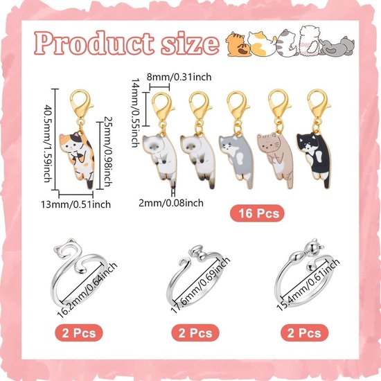 Cat Haakringen voor Haken, Inclusief 16 Kat Enamel Legering Hangers, Steekmarkeringen en 6 Katvormige Open Cuff Ringen voor Creatief Handwerk — afbeelding 5