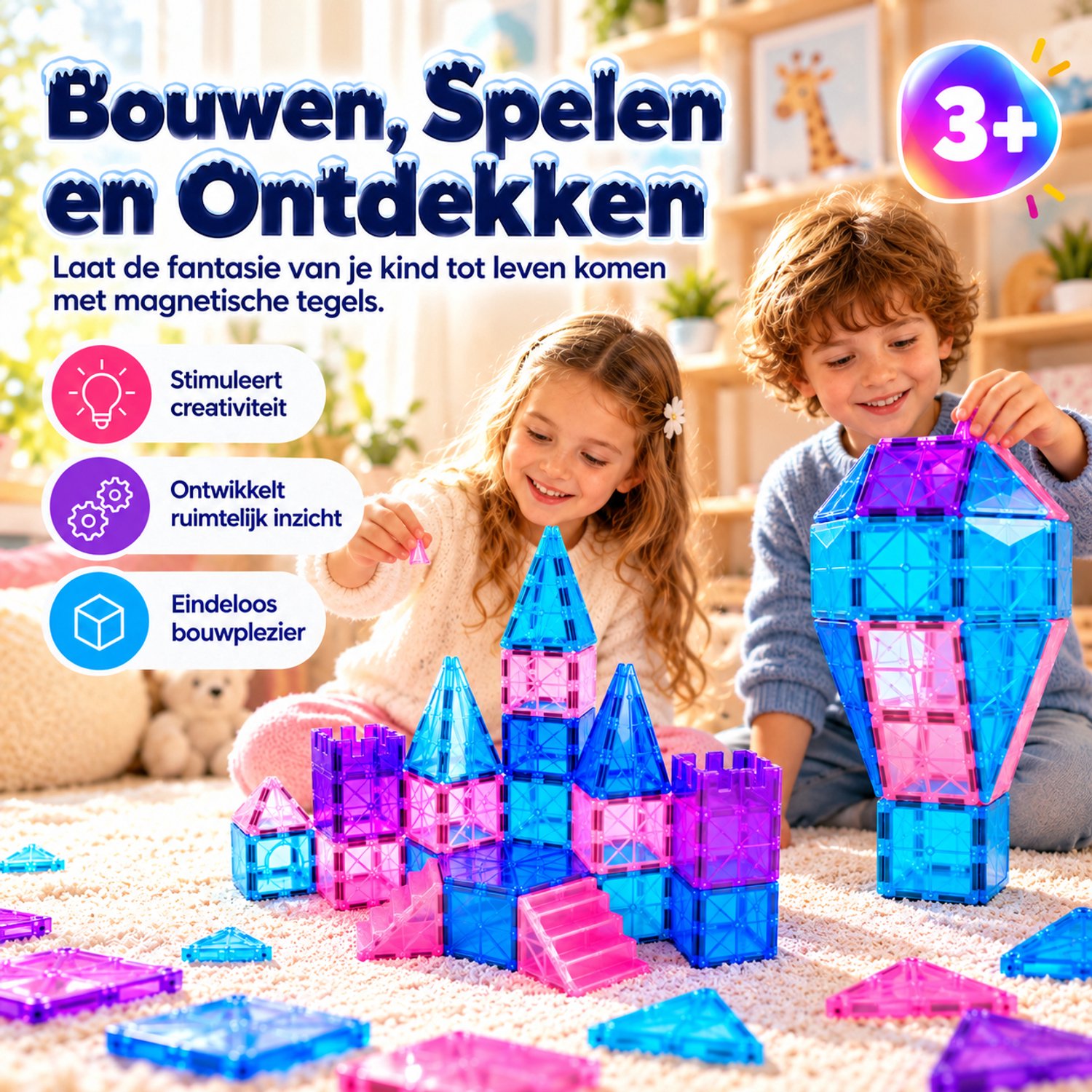 Magna Minds - Magnetic Tiles - Ice prince/princess - Magnetisch Speelgoed - 120 stuks - Constructie speelgoed - Magnetische tegels - Montessori speelgoed - Magnetic toys - Magnetische bouwstenen - Speelgoed Kinderen — afbeelding 6