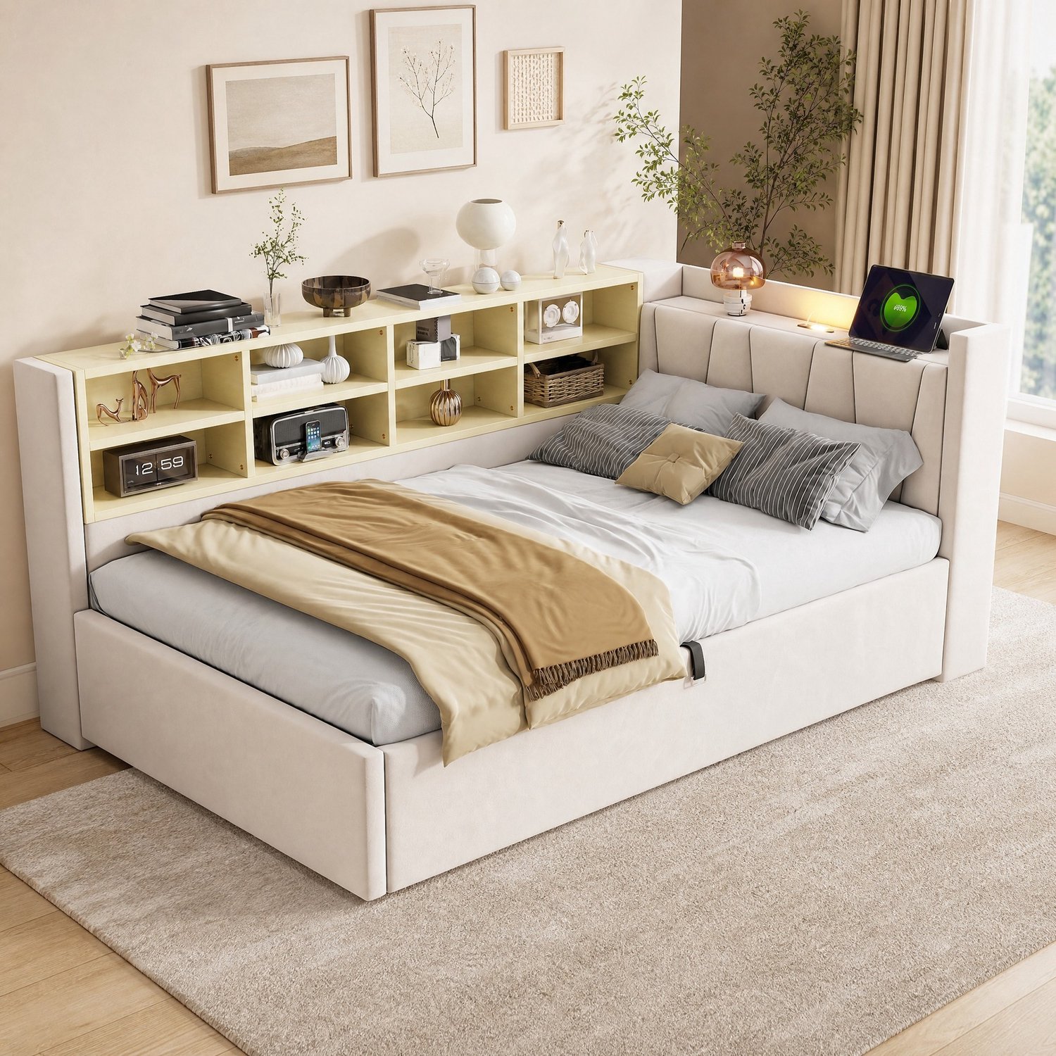 Maisentiel Gestoffeerd bed 90 x 200 cm – beige fluweel, opbergruimte, nachtlampje en USB-C