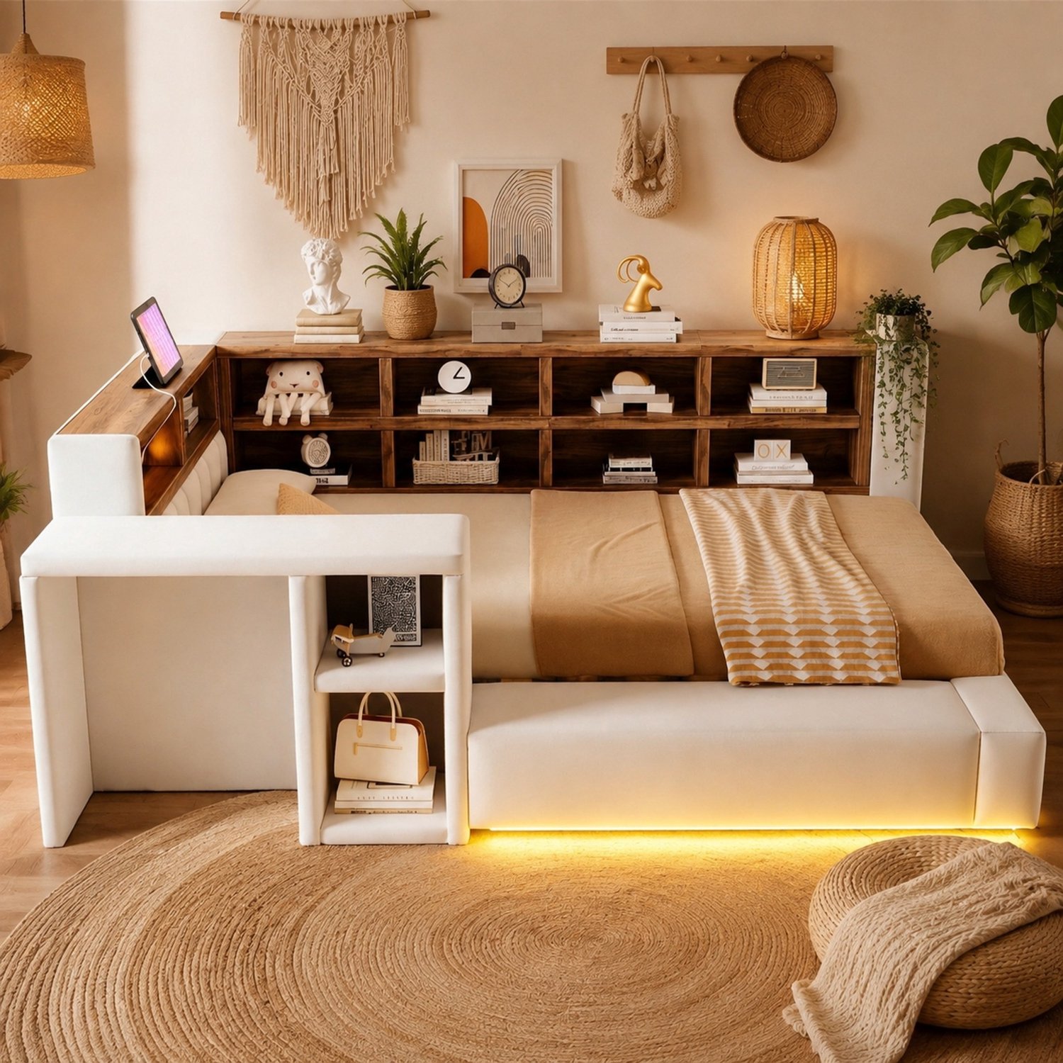 Maisentiel Gestoffeerd eenpersoonsbed 90 x 200 cm beige met opbergruimte, ledverlichting en stopcontacten