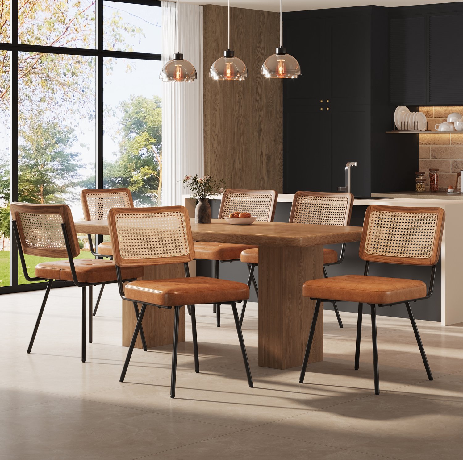 Maisentiel Eetkamerstoelen set van 6 – bruin – PE-rotan rugleuning en kunstleren zitting
