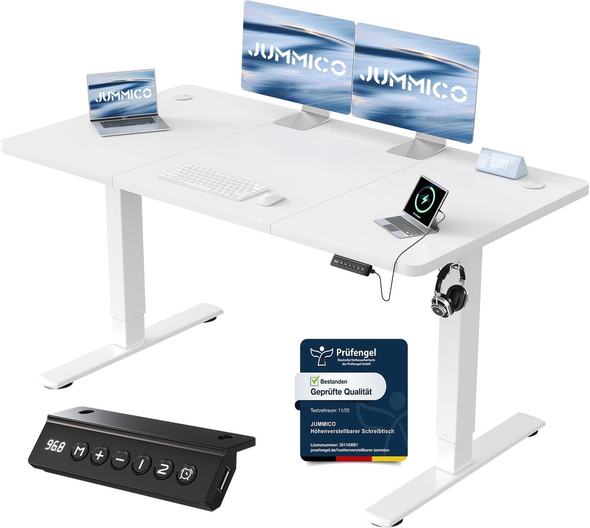Elektrisch bureau 140 x 60 cm, hoogteverstelbaar met USB-laadpoort, wit – Industrohome
